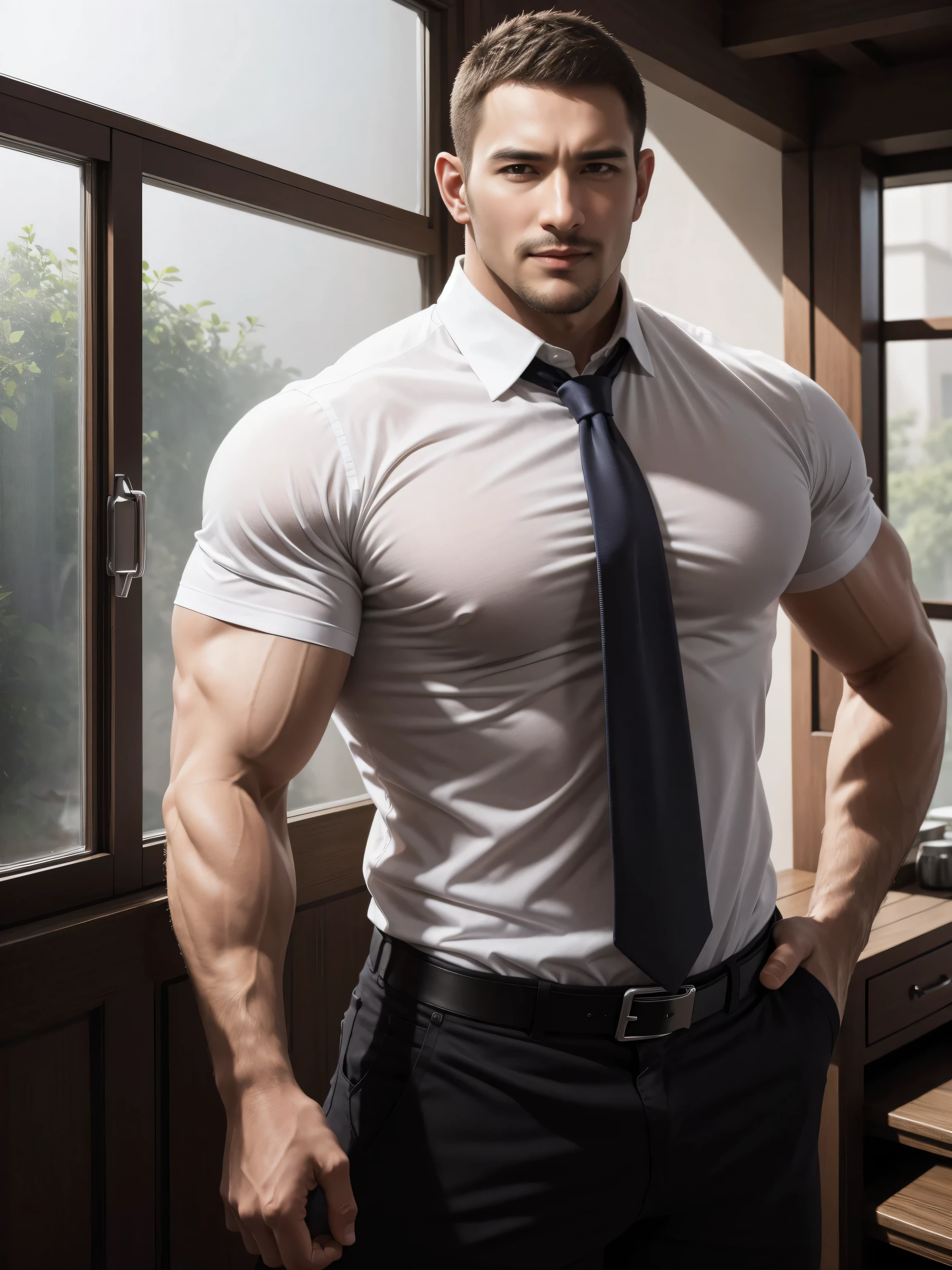 Tall giant muscular肌肉男警官,White shirt,high-end tie,He is in a luxurious villa,character concept(Resident Evil - chris redfield,chris redfield)Smile is warm and charming,Deep and charming eyes,heroic male pose,高大burly,muscular!muscular大腿,tough guy,perfect facial features,High, burly, Heqiang, Super gain and cool, high resolution committee,Charming strong man,The bright sunshine shines on the face through the window