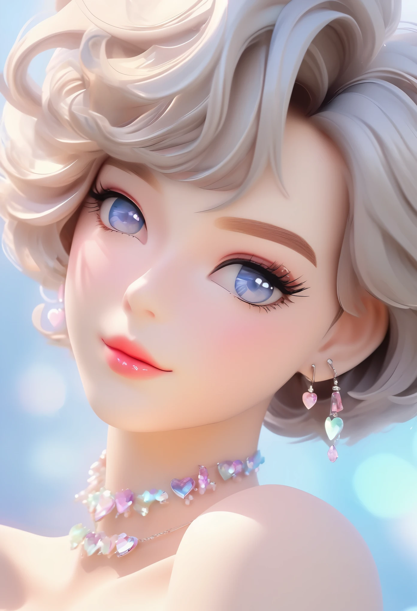best image quality,pastel color theme, beautiful face and skin, (1 adult female), cleavage, thin face, short cut hair, blown by the wind, silver hair, glossy lipouth tightly closed))、shining eyes, slanted eyes, model pose, all over the body,wide angle,detailed pattern,nude, choker, Heart-shaped background,Backlight,