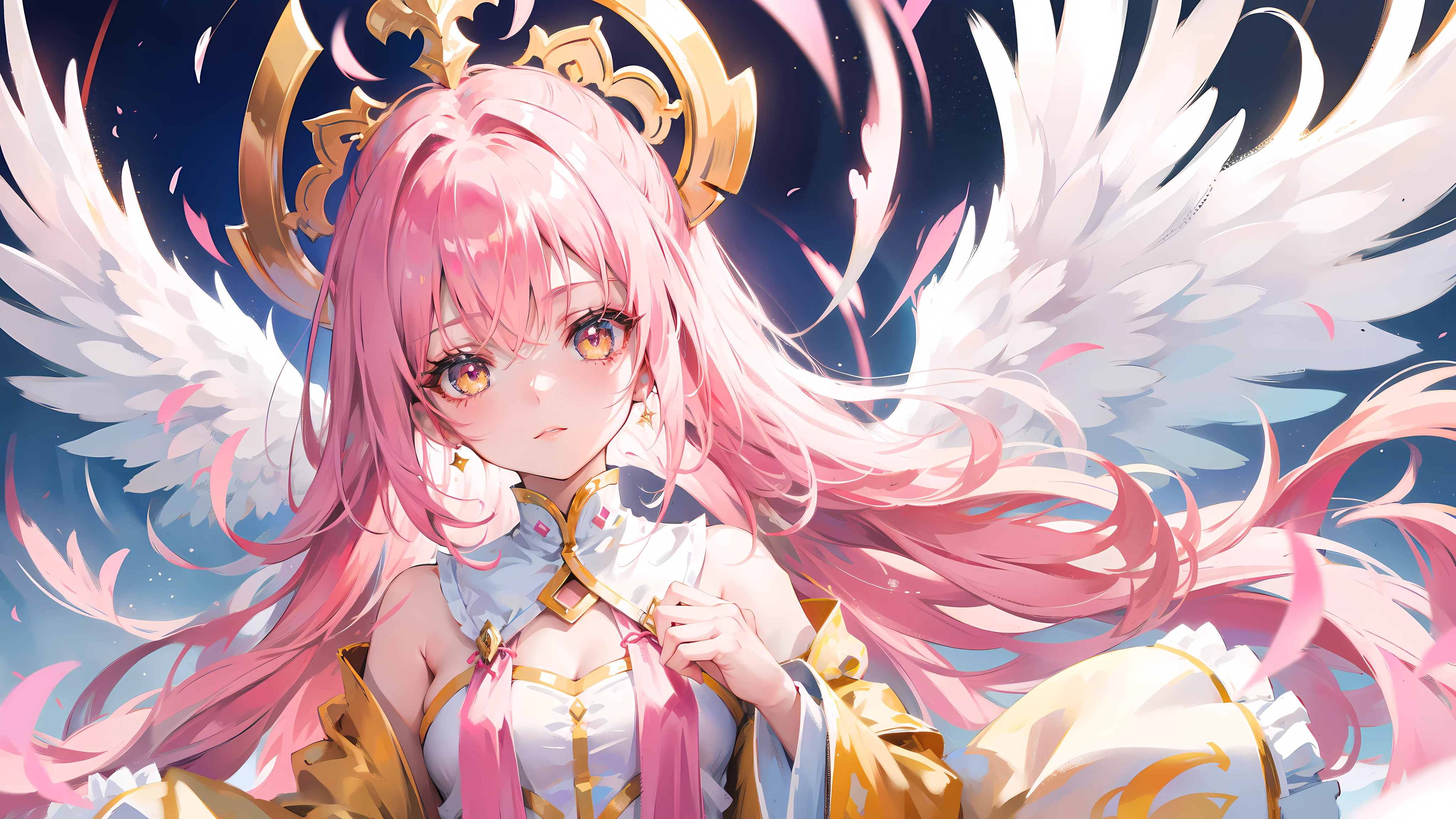 Long pink and white hair,Pink-white wings,Deep yellow pupils,Decorated in brilliant gold,Soft clothes in white and yellow,She is a cute and sweet beautiful girl