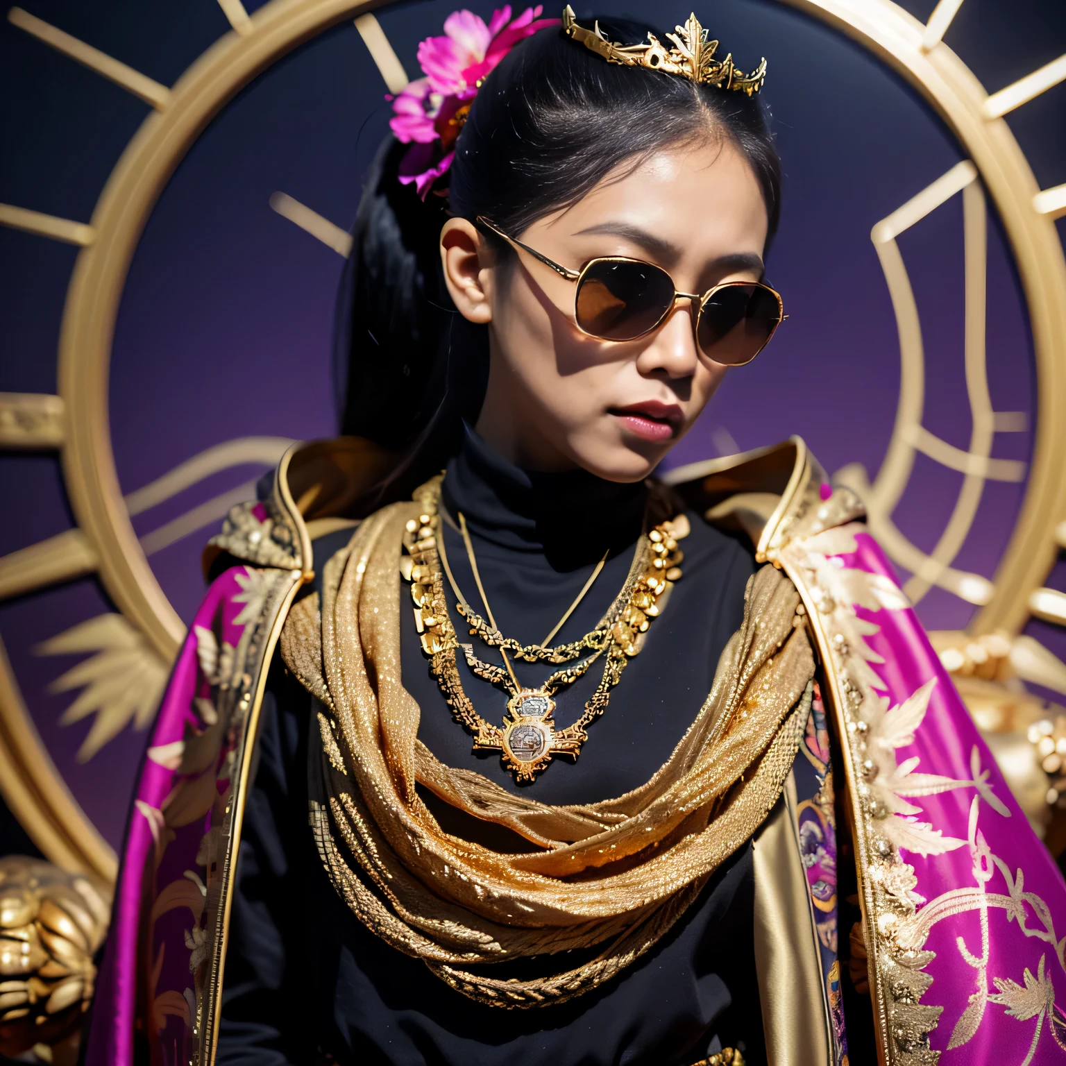On snowy nights,32k(masterpiece,HD,super high quality,32k)Purple-pink double ponytail,flower stick,Indigo Skull King ,mahogany steering wheel (The skeleton is very realistic:1.4),crocodile print robe,Rusty skull ornaments,Sand gold linen cloak,Petals flying,Deep gold sunglasses,Hold your head high,worthy of pride,looking at people through nostrils,A primary and secondary school student, high resolution,Xueba, detail, original photo, Sharp Re, Nikon D850 film photo by Jefferies Lee 4 Kodak Portra 400 camera F1.6 guns, rich and colorful, Super real、Vivid texture, dramatic lighting, Unreal Engine Art Station Trend, Silicon Nest 800,Hold your head high,side,worthy of pride,looking at people through nostrils,arrogant,Petals flying,Petals flying,Gold-plated crocodile leather,Fluttering,Impeccable,( Reasonable design, clear lines, HD definition,best quality, Very detailed skeleton, skeleton of masterpiece, official art, Lighting effects, 8K crocodile skeleton(((Platinum marble sunglasses)))Deep gold sunglasses,sideportrait
