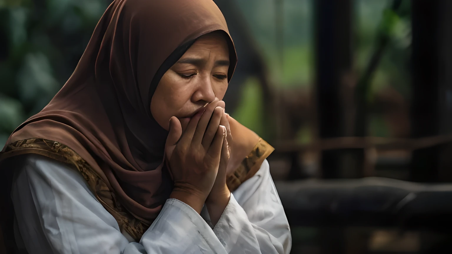 farmer, muslim malay woman in a brown scarf and white shirt praying, sad, sad expression, woman crying, intense moment, by Basuki Abdullah, realistic shot, solemn expression, praying, menacing, tragic, candid portrait, sad scene, very sad, ominous, brutal, rip, portrait shot, sorrow, close portrait, best shot, photo still, sadness