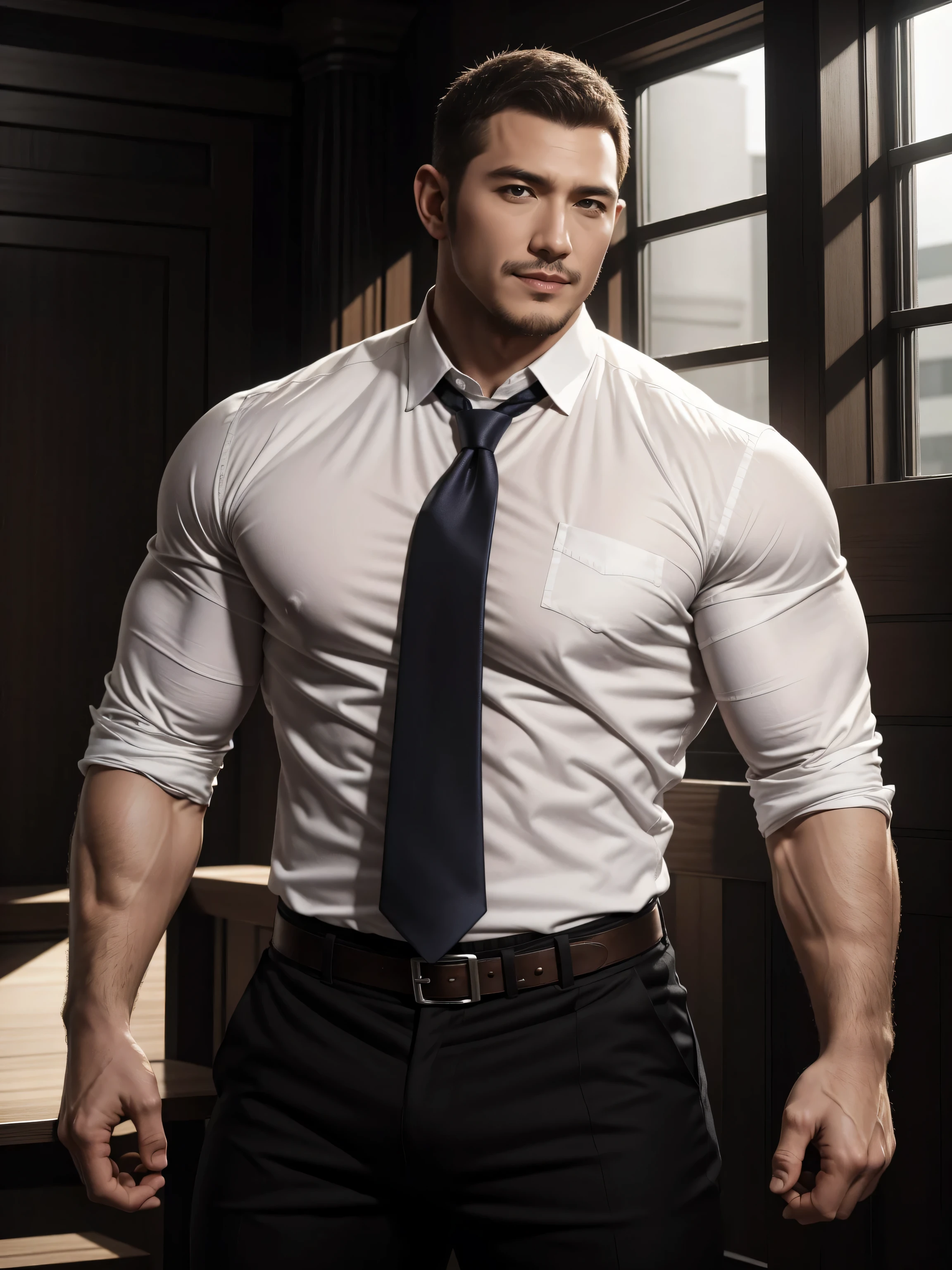 Tall giant muscular肌肉男警官,White shirt,high-end tie,He is in a luxurious villa,character concept(Resident Evil - chris redfield,chris redfield)Smile is warm and charming,Deep and charming eyes,heroic male pose,高大burly,muscular!muscular大腿,tough guy,perfect facial features,High, burly, Heqiang, Super gain and cool, high resolution committee,Charming strong man,The bright sunshine shines on the face through the window