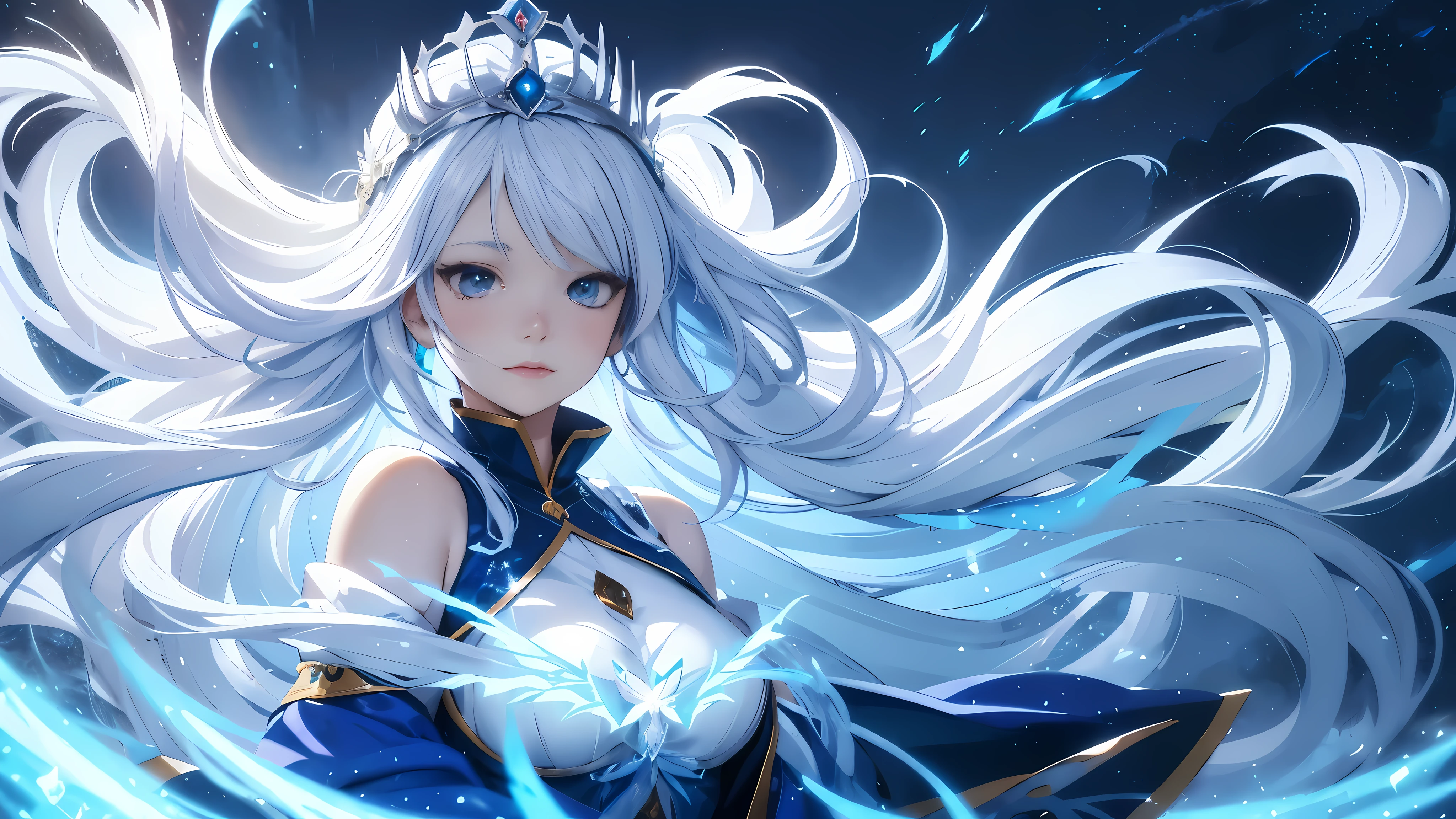 anime girl with long white hair and a blue dress in the snow, white haired deity, white hair floating in air, anime fantasy illustration, flowing white hair, beautiful young wind spirit, beautiful fantasy anime, glowing flowing hair, ethereal anime, beautiful anime artwork, beautiful digital artwork, anime fantasy artwork, ((a beautiful fantasy empress)), 2. 5 d cgi anime fantasy artwork