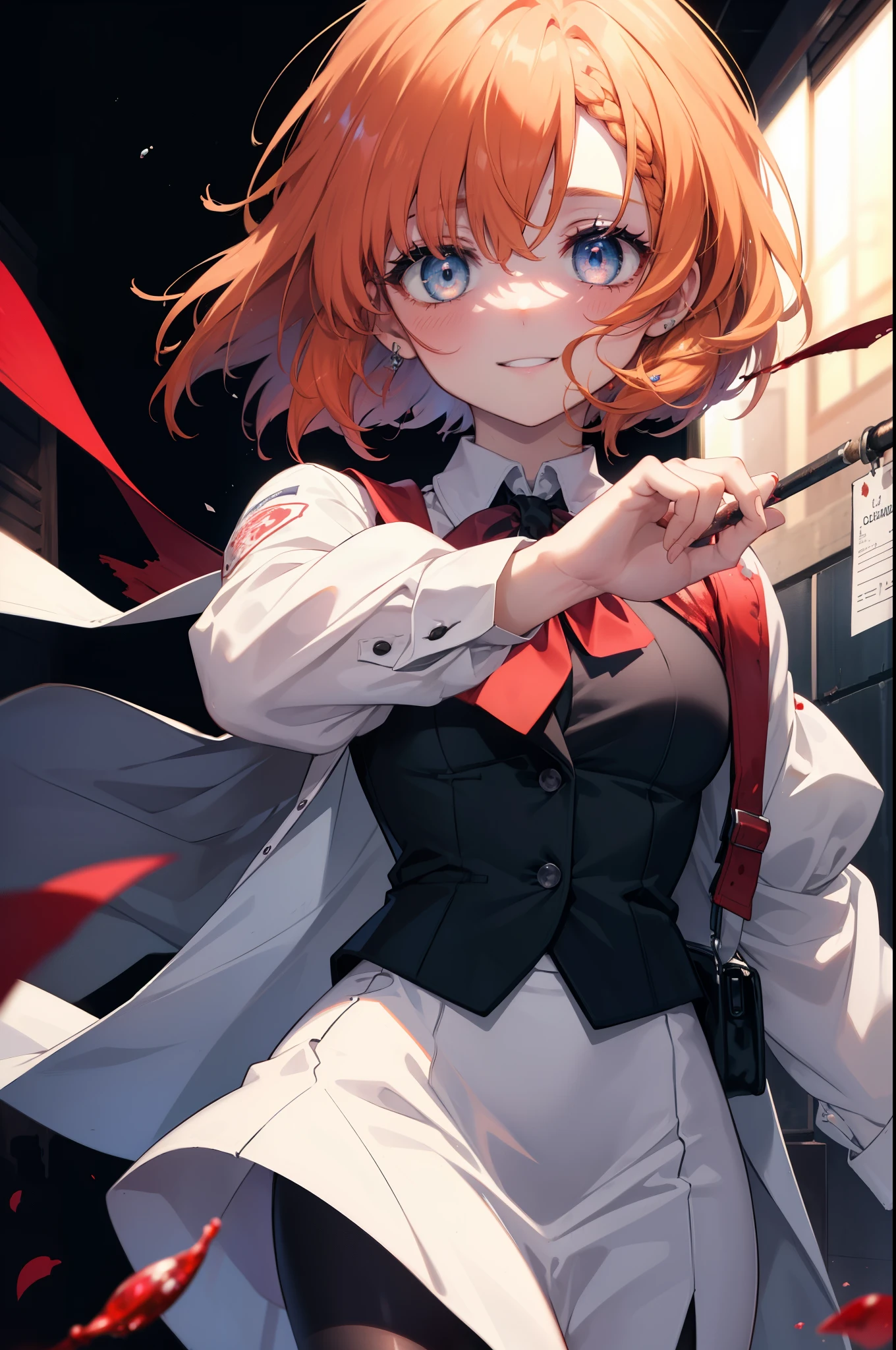 Rena Ryugu, rena ryuuguu, orange hair, long hair, short braid,hair blue eyes, smile, grin and laugh,creepy laughter, dead eyes,Psychopath horror,Bloodstained,blood drops,Spooky,?????? scene, serial killer, bathed in blood,Clothes with blood on them,black suit jacket with blood on it, bloody collared jacket,Bloodstained white dress shirt, shirt with blood on the collar, neckline, button, strap, ID card on neck, bloody black pencil skirt,bloody black pantyhose, looking at the viewer, (small breasts:1.2),
break looking at viewer,
break indoors, office,
break (masterpiece:1.2), highest quality, High resolution, unity 8k wallpaper, (figure:0.8), (detailed and beautiful eyes:1.6), highly detailed face, perfect lighting, Very detailed CG, (perfect hands, perfect ???????),