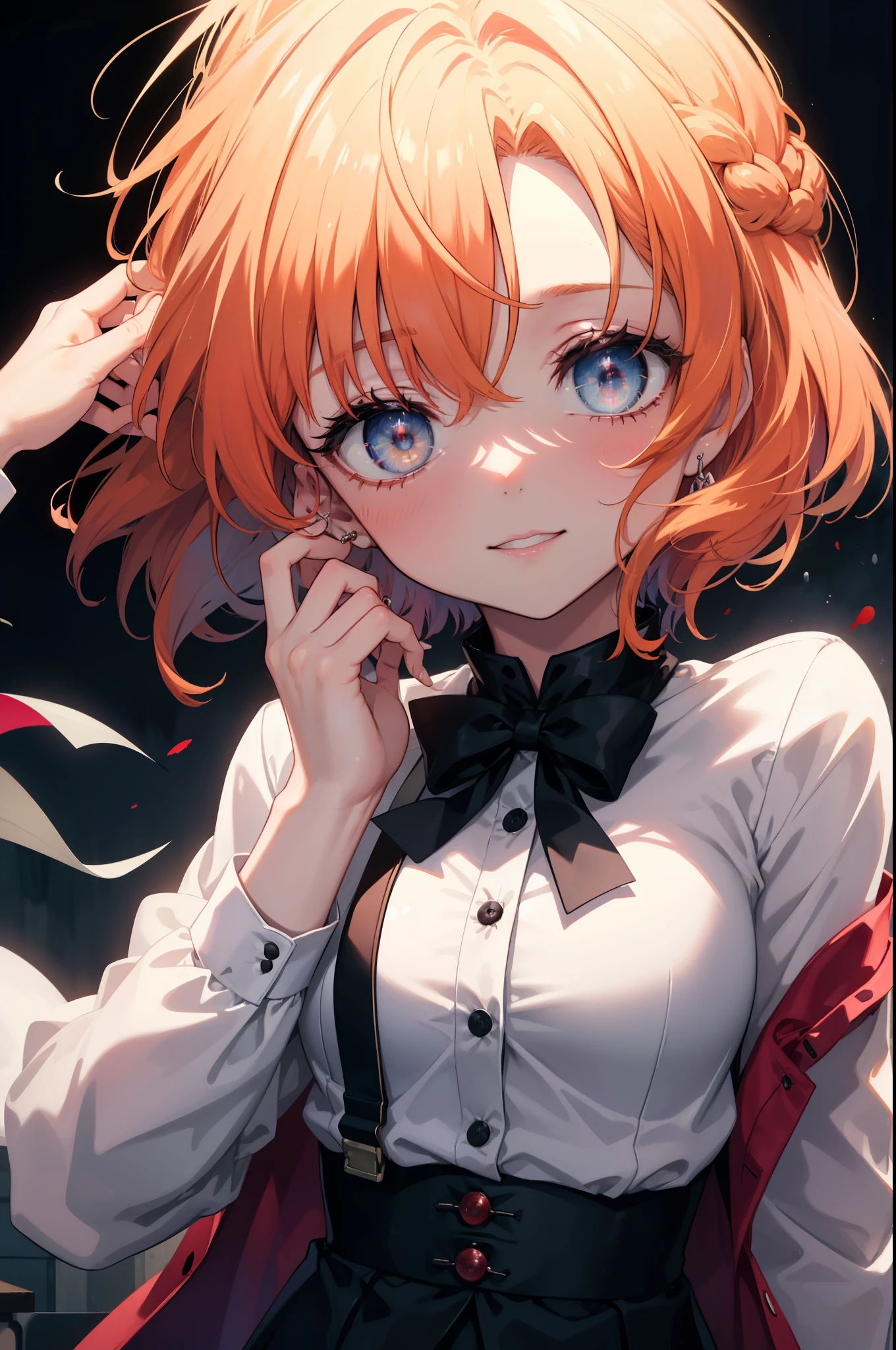 Rena Ryugu, rena ryuuguu, orange hair, long hair, short braid,hair blue eyes, smile, grin and laugh,creepy laughter, dead eyes,Psychopath horror,Bloodstained,blood drops,Spooky,?????? scene, serial killer, bathed in blood,Clothes with blood on them，black suit jacket with blood on it, bloody collared jacket,Bloodstained white dress shirt, shirt with blood on the collar, neckline, button, strap, ID card on neck, bloody black pencil skirt,bloody black pantyhose, looking at the viewer, (small breasts:1.2),
break looking at viewer,
break indoors, office,
break (masterpiece:1.2), highest quality, High resolution, unity 8k wallpaper, (figure:0.8), (detailed and beautiful eyes:1.6), highly detailed face, perfect lighting, Very detailed CG, (perfect hands, perfect ???????),