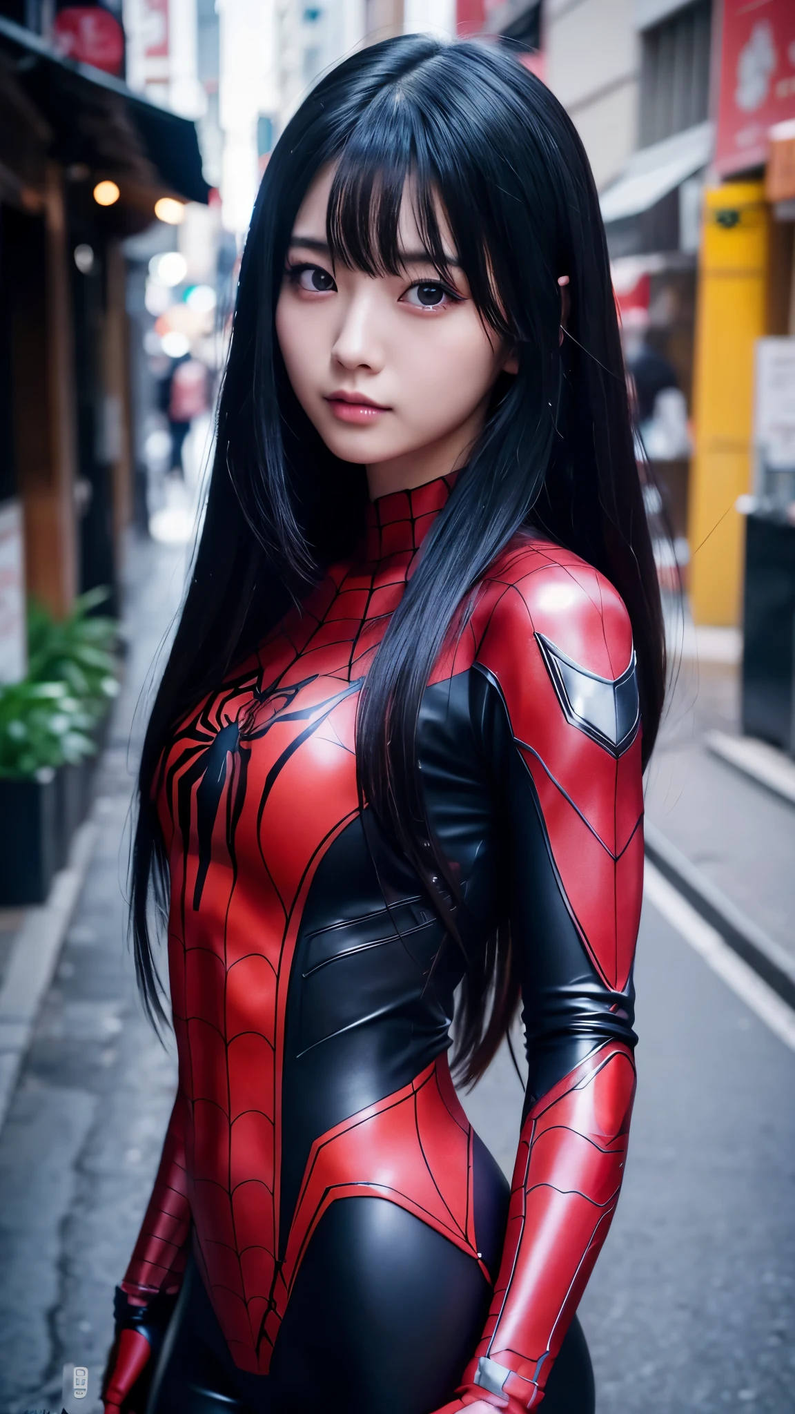 japanese girl, 20-year-old, dark makeup, detailed face, long hair, black hair, beautiful eyes, realistic, whole body, sexy pose, Wearing a rubber spiderman costume(Marvel characters), 8k, cinematic, sexy girl