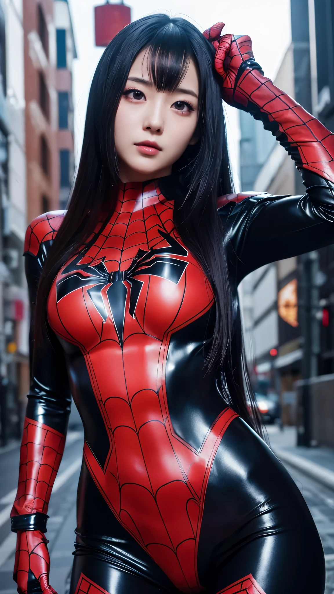 japanese girl, 20-year-old, dark makeup, detailed face, long hair, black hair, beautiful eyes, realistic, whole body, sexy pose, Wearing a rubber spiderman costume(Marvel characters), 8k, cinematic, sexy girl