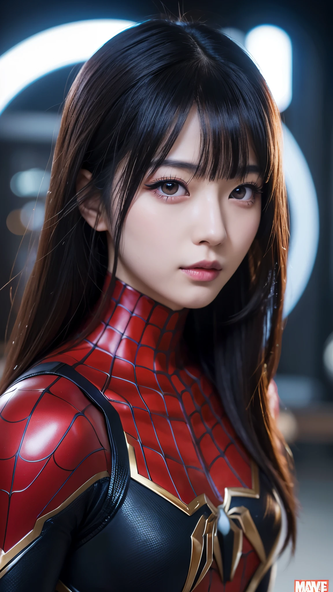 japanese girl, 20-year-old, dark makeup, detailed face, long hair, black hair, beautiful eyes, realistic, face close up, sexy pose, Wearing a rubber spiderman costume(Marvel characters), 8k, cinematic, sexy girl