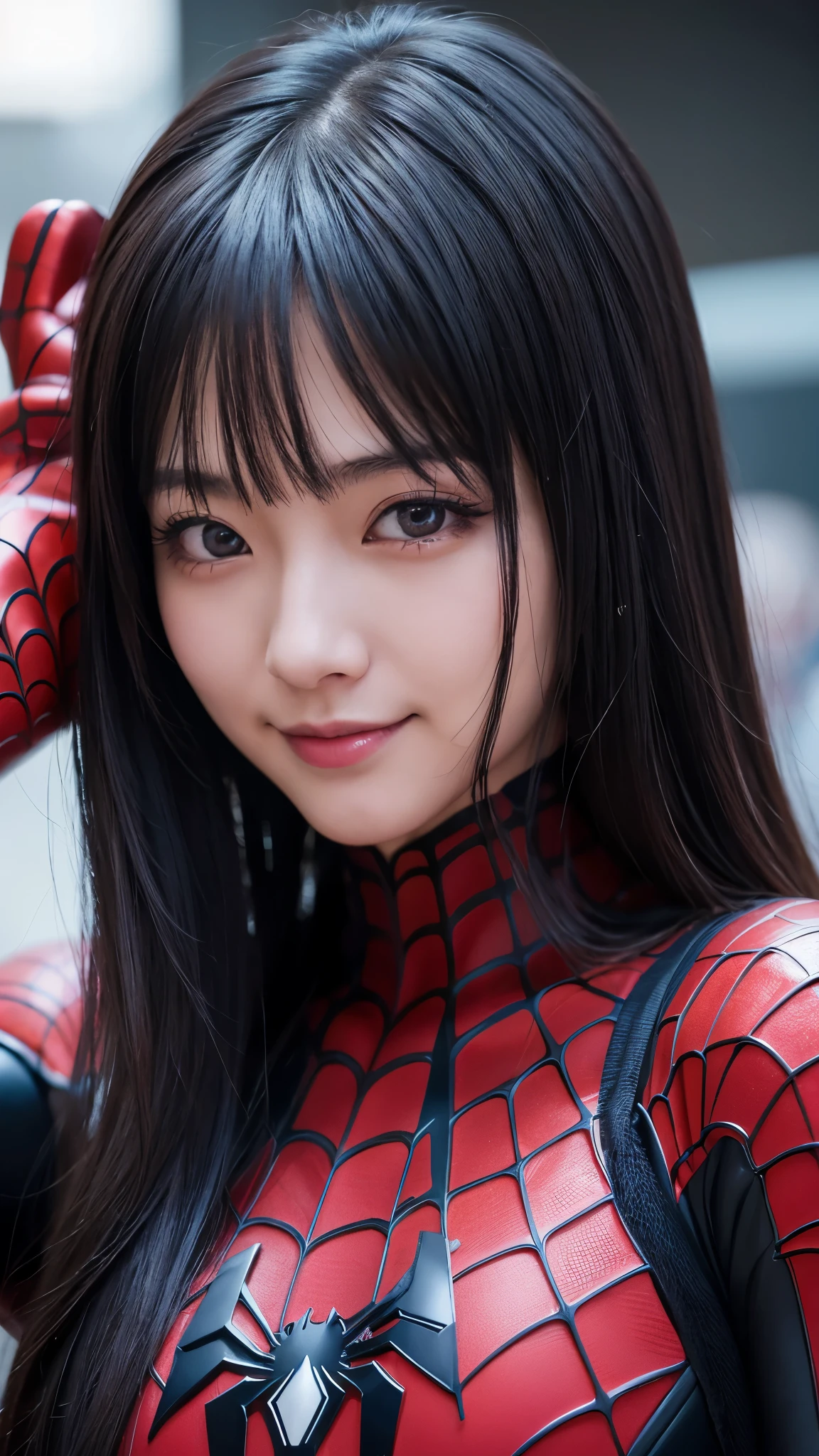 japanese girl, 20-year-old, dark makeup, detailed face, long hair, black hair, beautiful eyes, realistic, face close up, smile。sexy pose, Wearing a rubber spiderman costume(Marvel characters), 8k, cinematic, sexy girl