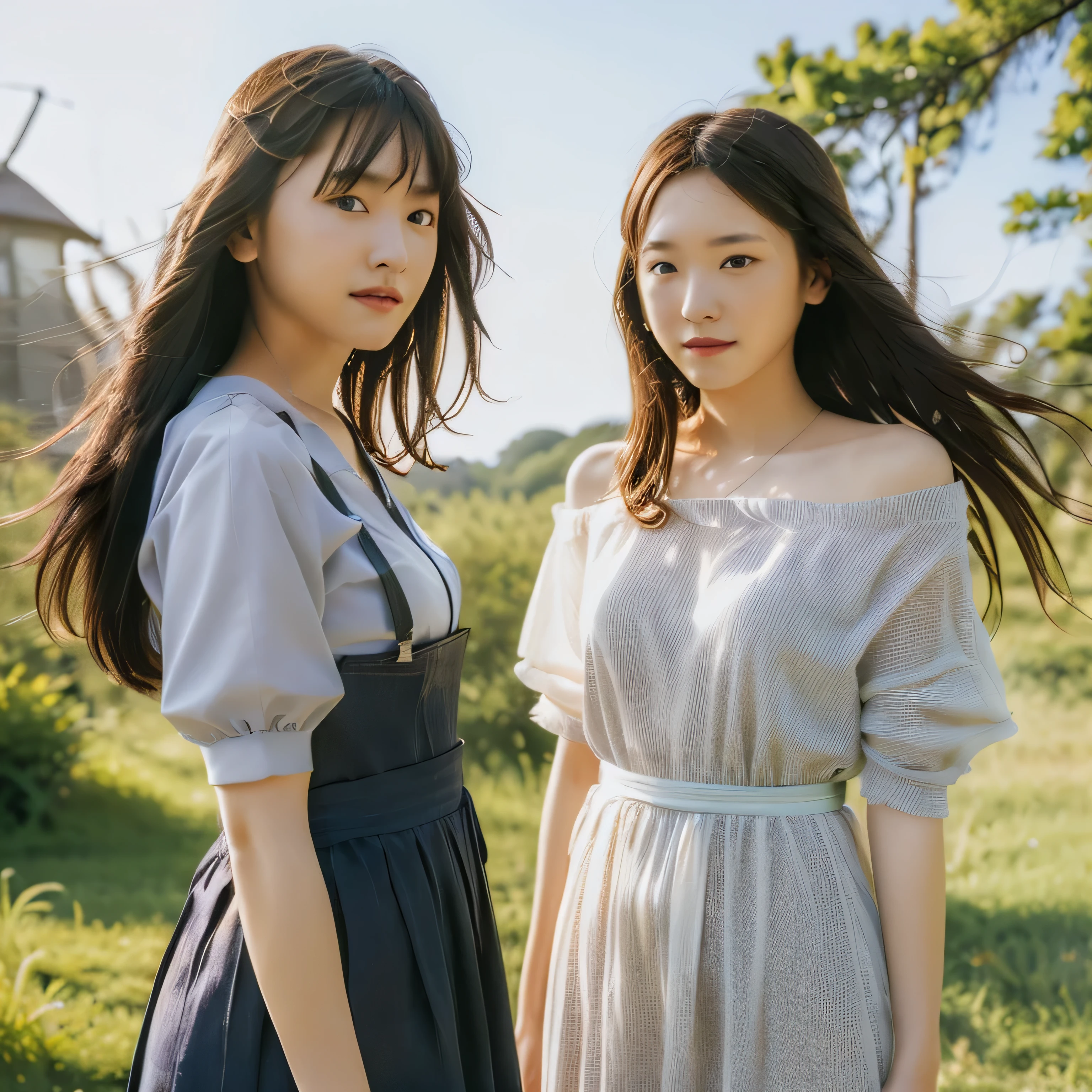 (masterpiece), (highest quality), photograph, 2 girls, two girls, portrait, side look portrait, winning award photograph, messy hair, It&#39;s windy, outdoors, sunset, sexy dress