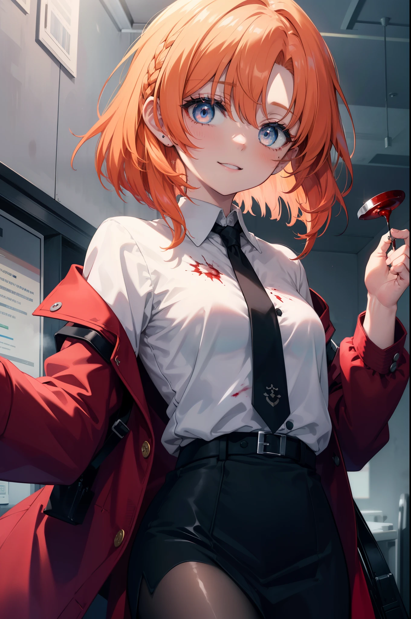 Rena Ryugu, rena ryuuguu, orange hair, long hair, short braid,hair blue eyes, smile, grin and laugh,creepy laughter, dead eyes,Psychopath horror,Bloodstained,blood drops,Spooky,Murder scene, serial killer, bathed in blood,Clothes with blood on them,black suit jacket with blood on it, bloody collared jacket,Bloodstained white dress shirt, shirt with blood on the collar, neckline, button, strap, ID card on neck, bloody black pencil skirt,bloody black pantyhose, looking at the viewer, (small breasts:1.2),
break looking at viewer,
break indoors, office,
break (masterpiece:1.2), highest quality, High resolution, unity 8k wallpaper, (figure:0.8), (detailed and beautiful eyes:1.6), highly detailed face, perfect lighting, Very detailed CG, (perfect hands, perfect anatomy),