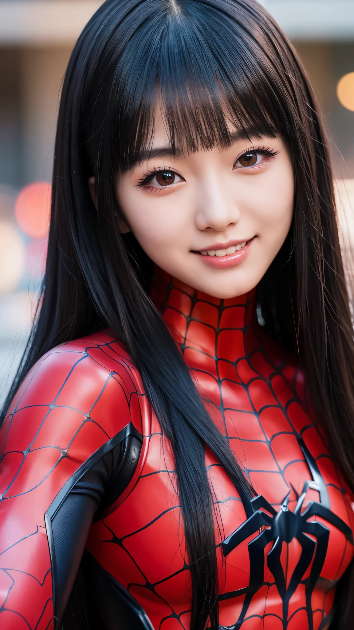japanese girl, 20-year-old, dark makeup, detailed face, long hair, black hair, beautiful eyes, realistic, face close up, smile。sexy pose, Wearing a rubber spiderman costume(Marvel characters), 8k, cinematic, sexy girl