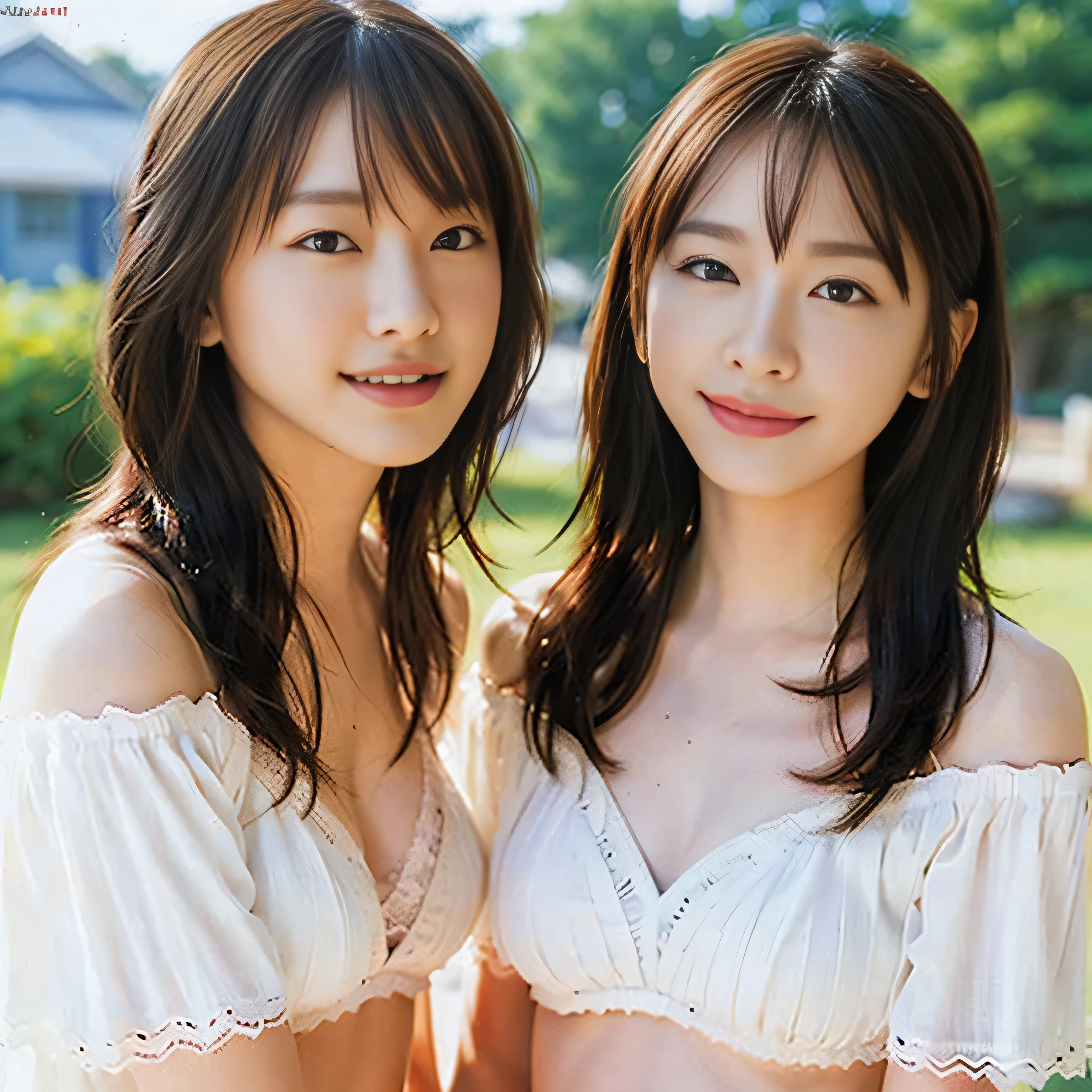 一卵性双生児of姉妹, (8k, RAW photo, highest quality, masterpiece:1.2), (realistic, photo-realistic:1.4), (Highly detailed CG Unity 8k wallpaper), (blurry_background:1.3), blurry_prospect, depth_of_field, (Super detailed), (Best Illustration), (最高of影), ultra high resolution, close up photo, (detailed face:1.4), compensate, beautiful eyes, good looking, long hair, Upper body, (colorful short shirt with off shoulder and lace trim:1.2), cleavage, small breasts, slim, perfect skin, Asian, Are standing, beach, along the coast, 手ofひら_wood, water, summer, professional lighting,lalisamanoban