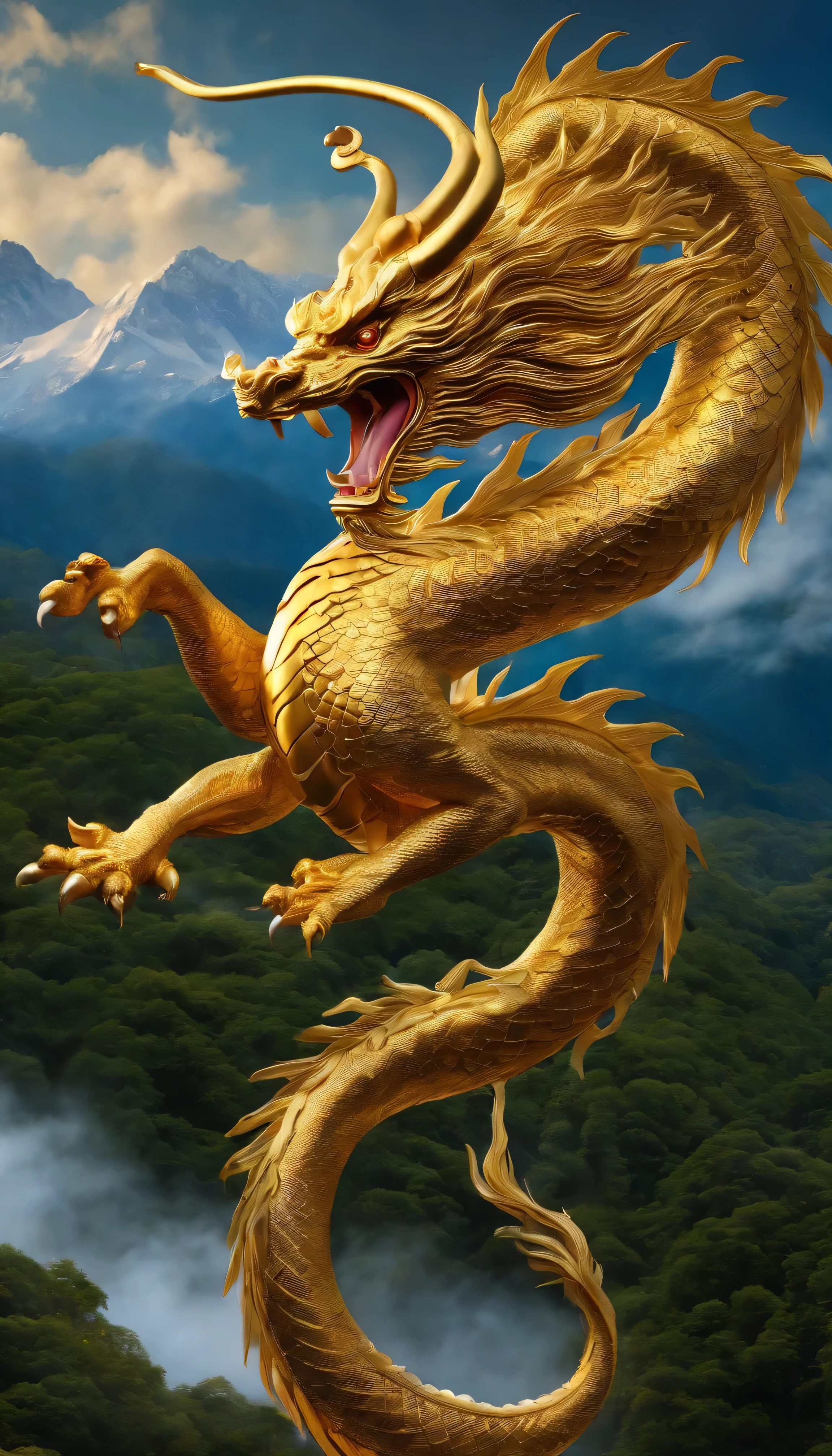 A golden Japanese dragon soaring high into the sky
