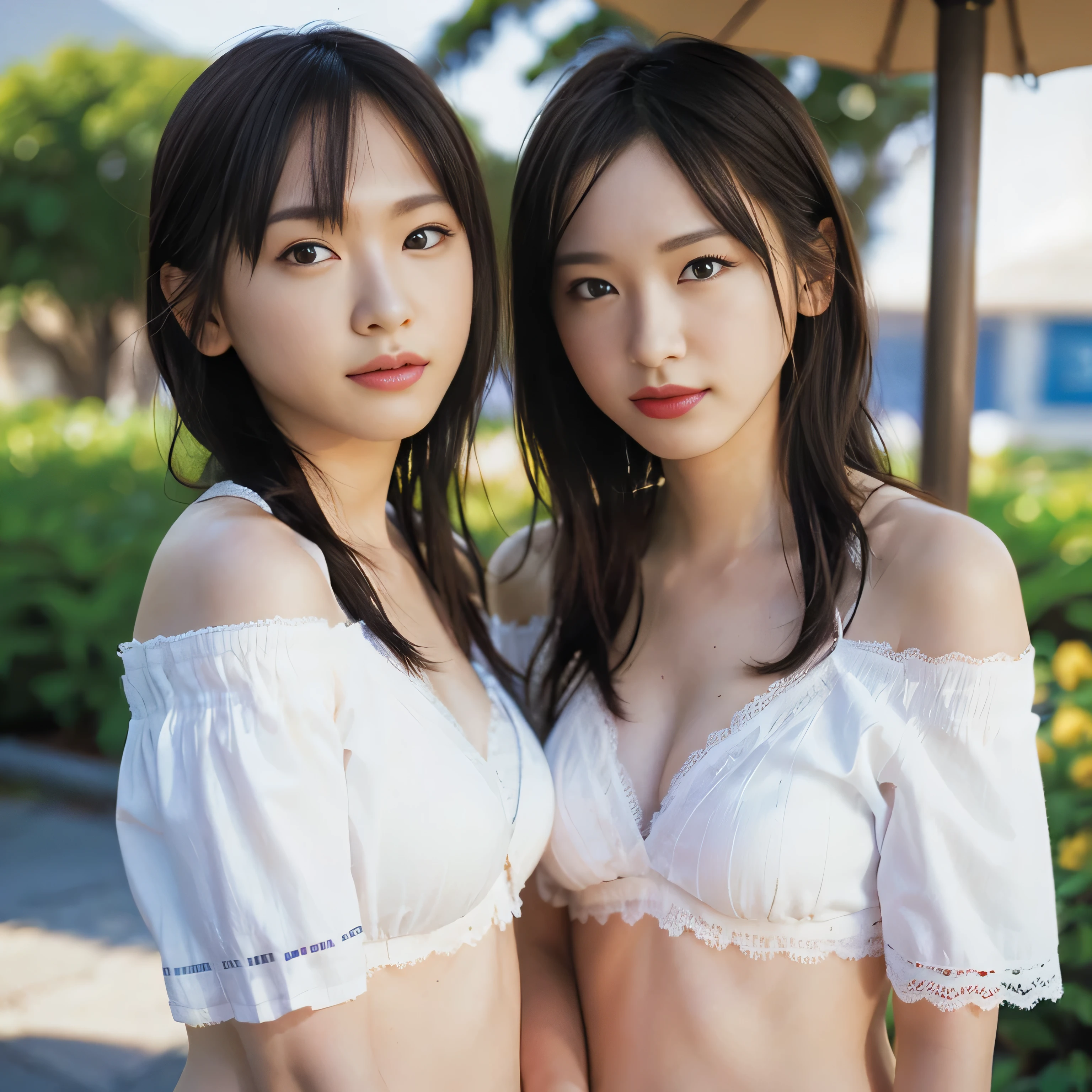 pieces fly, highest quality, ((highest quality、8K、masterpiece:1.3))、ultra high resolution、Physically based rendering、(realistic：1.37)、完璧な体の美しいtwo women:1.4、slim abdomen:1.2、Highly detailed face and skin texture、 red cheeks、white skin、thin waist,thin legs、highest quality,Super detailed,masterpiece,very beautiful  girl, (cute:1.2),perfect shiny skin,perfect skin,((Accurate hand without discomfort)), (brown hair),(ponytail),(((upper body nude)))、(((full nude)))、((plaid pleated skirt))、((I can see your ))、(((Cheb is visible)))、(((two women)))、(((Two girls who are good friends)))、(((someone touches my chest)))、smile、((Stroll through the flower fields)))、((garter stockings))、((put your hands behind your head))