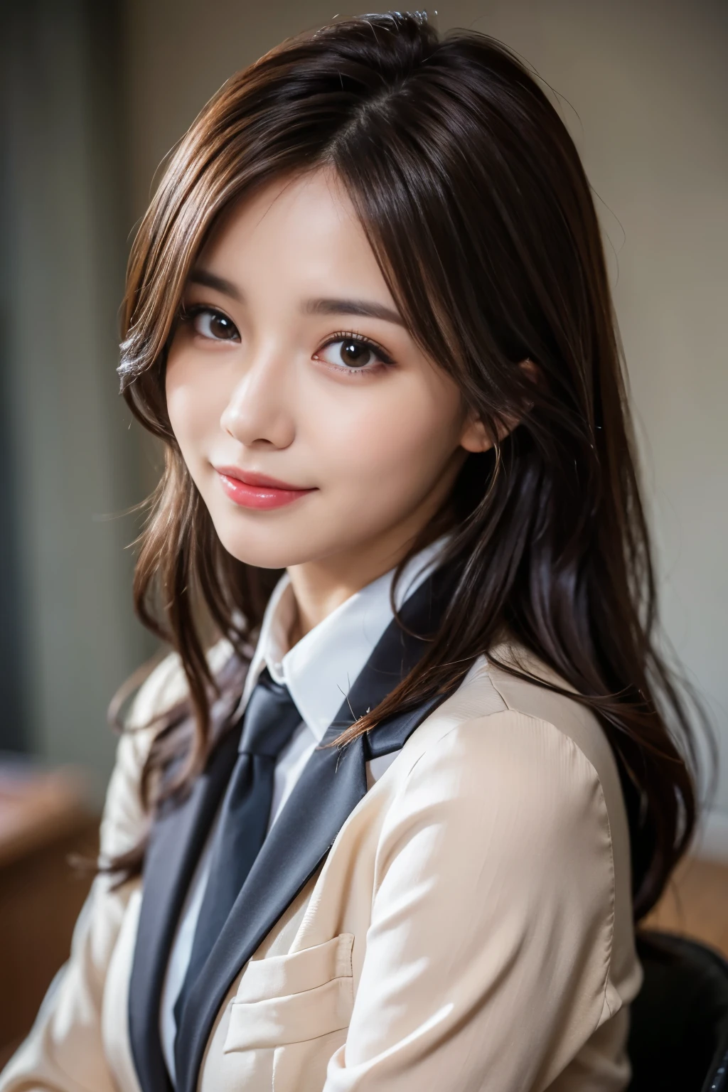 table top, highest quality, realistic, Super detailed, finely, High resolution, 8k wallpaper, 1 beautiful woman,, light brown messy hair, wearing a business suit, sharp focus, perfect dynamic composition, beautiful and detailed eyes, thin hair, Detailed realistic skin texture, smile, close-up portrait, model body shape