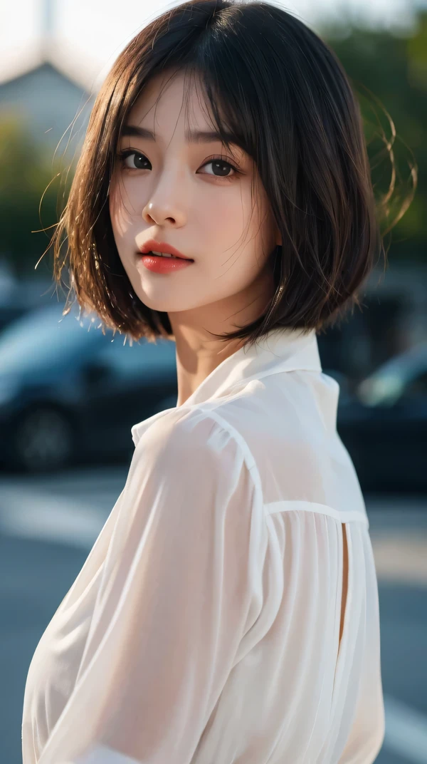 (RAW photo, highest quality), (realistic, photo-realistic:1.3),1 girl, black hair, Bangs on eyebrows, bob cut hair,realistic, 超realistic, cinematic lighting, 32K, Backlight, (bright light:1.2), (Improvement of quality:1.4), (highest qualityのリアルな質感のスキン:1.4), fine eyes, detailed face, close up of face,looking at camera, round face,blouse, (Enhances the beauty of skin texture:1.1),simple background