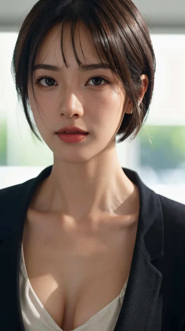 (RAW photo, highest quality), (realistic, photo-realistic:1.3),1 girl, black hair, Bangs on eyebrows, bob cut hair,realistic, 超realistic, cinematic lighting, 32K, Backlight, (bright light:1.2), (Improvement of quality:1.4), (highest qualityのリアルな質感のスキン:1.4), fine eyes, detailed face, close up of face,looking at camera, round face,blouse, (Enhances the beauty of skin texture:1.1),simple background