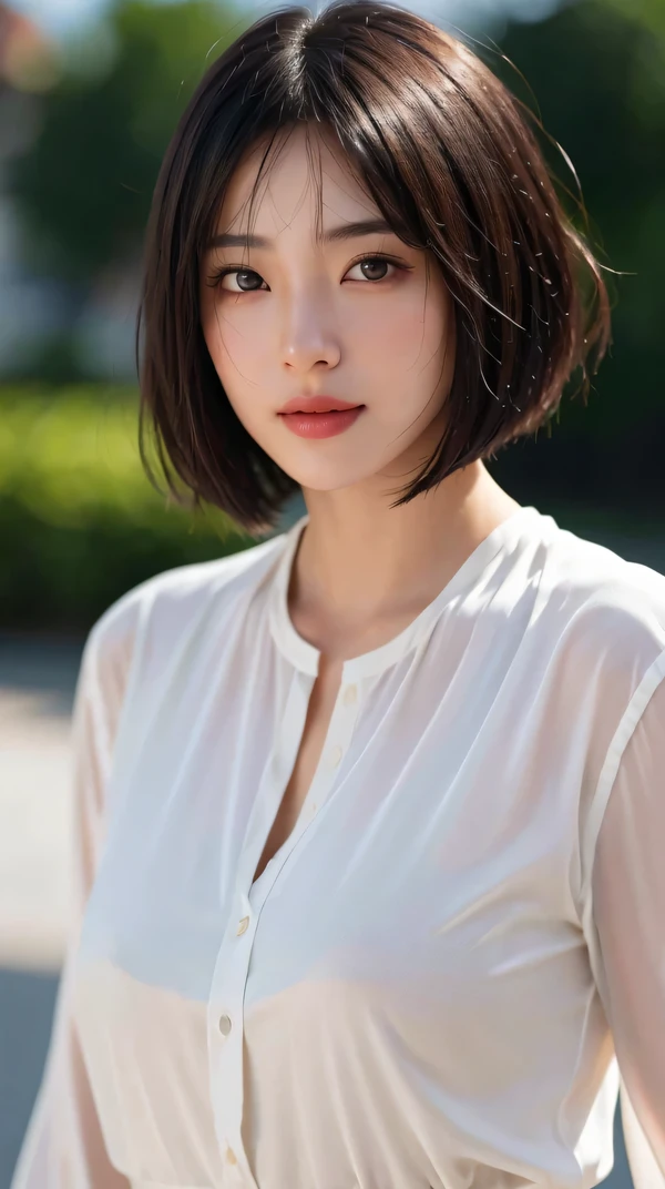 (RAW photo, highest quality), (realistic, photo-realistic:1.3),1 girl, black hair, Bangs on eyebrows, bob cut hair,realistic, 超realistic, cinematic lighting, 32K, Backlight, (bright light:1.2), (Improvement of quality:1.4), (highest qualityのリアルな質感のスキン:1.4), fine eyes, detailed face, close up of face,looking at camera, round face,blouse, (Enhances the beauty of skin texture:1.1),simple background