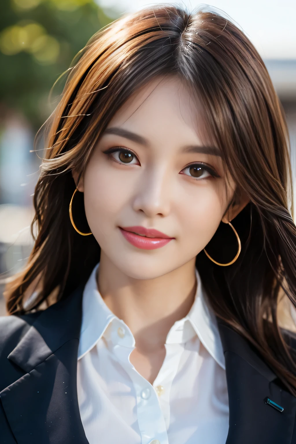 table top, highest quality, realistic, Super detailed, finely, High resolution, 8k wallpaper, 1 beautiful woman,, light brown messy hair, wearing a business suit, sharp focus, perfect dynamic composition, beautiful and detailed eyes, thin hair, Detailed realistic skin texture, smile, close-up portrait, model body shape