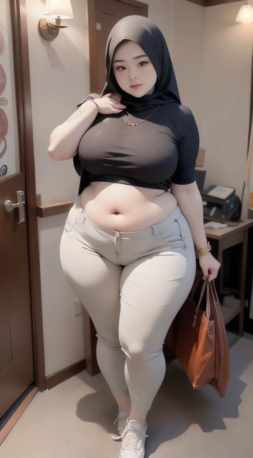 ((best quality)), ((masterpiece)), (detailed), perfect face, araffe woman thick and thight long pants posing for a picture, curvy model,, curvy hourglass figure, sexy longest hand t-shirt, thicc, beautiful full body shot, soft curvy shape, in a longest hand t-shirt, a beautiful woman open legs , bbwchan, , armpits, there is a old woman posing in a dark room with a maroon burka clothes , 43 years old, thick body, beautiful thick female, wide hips, thick legs, she has a jiggly fat round belly, thick thighs, curvy hourglass figure, thicc, curvy model, widest hips, hyperrealistic full figure, bbwchan, voluptuous body, thick, tattooed body, tattooed hands, hena on arm, hena in belly, Burka girl, muslim clothes, 43 years old woman. Burka chubby woman, chubby cheeks, wearing a sneakers, bob hairstyle, thick neck, short neck, there is a woman random pose red-brown hijab, bbwchan, thicc, brown hijab outfit, brown hijab fashion model, korean girl, korean woman, wearing brown robe, full length shot, alluring plus sized model, japanese goddess, clothed in hooded, voluptuous and arousing, portrait shot, curvy model, voluptuous body, wonderful, nene tanaka body , bbwchan, The overall atmosphere is smooth , haunting illustrations, extremely high-resolution details, photographic, realism pushed to extreme, fine texture, 4k, ultra-detailed, high quality, high contrast, red sneakers , cold atmosphere ,, 8k resolution , ultra-detailed resolution , wearing long thight pants, random pose with full body , full body, diamond necklace , wearing a watch , thick arm, thick cheeks , wearing a gold Bracelet