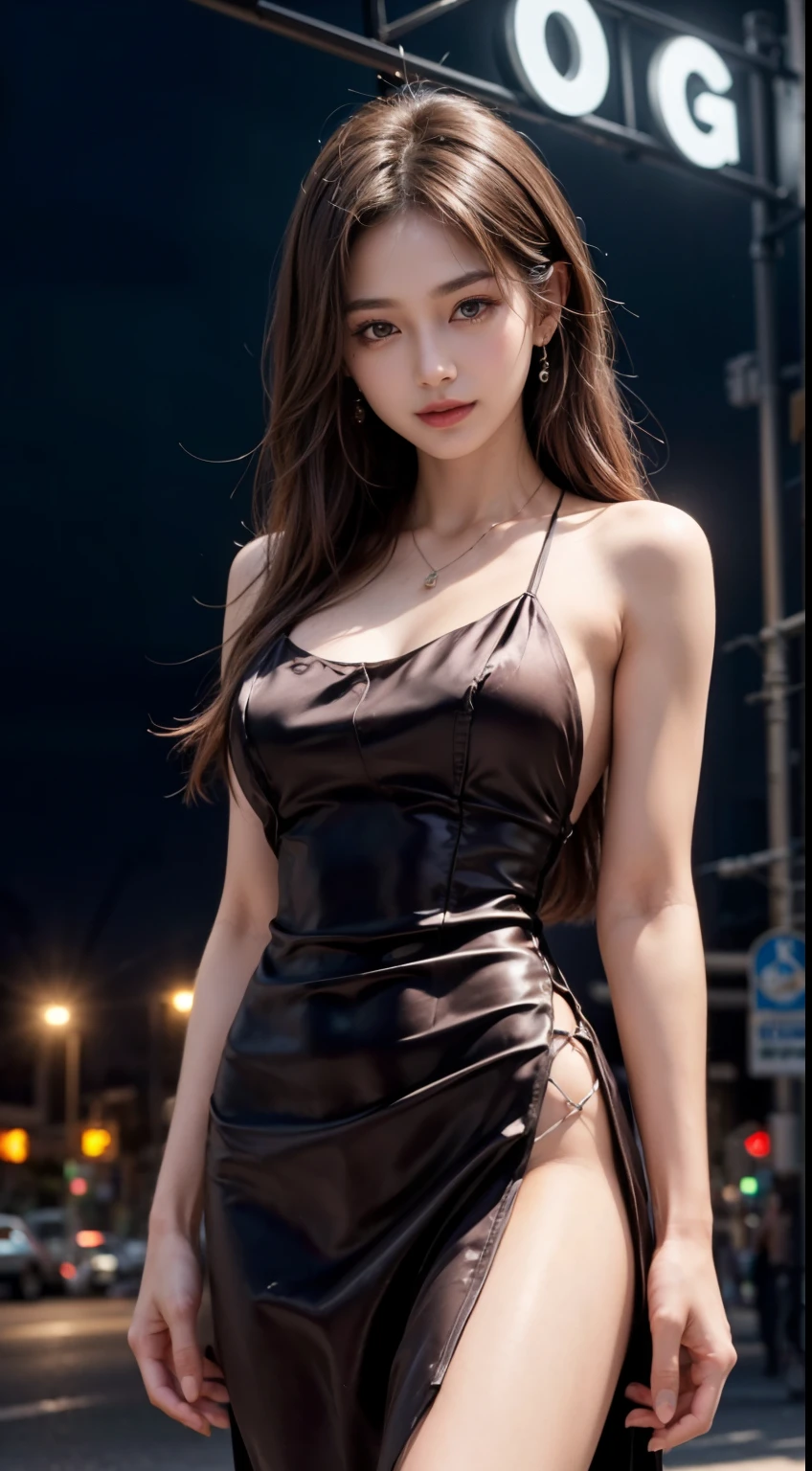 8k, masterpiece, RAW photo, best quality, photorealistic, extremely detailed CG unity 8k wallpaper, Depth of field, Cinematic Light, Lens Flare, Ray tracing, (extremely beautiful face, beautiful lips, beautiful eyes), intricate detail face, ((ultra detailed skin)) 1girl, in the dark, deep shadow, pretty Korean girl, K-pop idol, 1 girl, (very slim slender fit-muscled body:1.3), ((looking at viewer)),(big smile:1.3), (tight mini black dress), (sleeveless) , (fashion city night, dark night, (neon sign), (blurred background), fashion street night),(without people in the background:1.3), beautiful earrings, bracelets, necklace, clear eyes, walking , front shot, (pale skin), (big eyes), face forward, ((upper body shot)), ((silk chocolate color dress:1.3)),(brown hairs),((black dress)), (looking at viewer:1.3) cleavage, slim, long legs, large breasts,