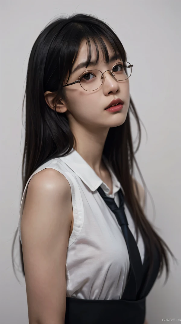 masterpiece, realistic, realism, photorealism, high contrast, photorealistic digital art trending on Artstation 8k HD high definition be familiar with realistic, 1 girl, young japanese woman, student, Glasses, alone, brown eyes, School Uniforms, long hair with bangs, black hair, lips, simple, half shot,white background, parted lips,Artgerm、Ruan Jia、Greg Rutkowski によるアート 超realistic絵画,be familiar with, skin texture, hyper-be familiar with, realistic skin texture,