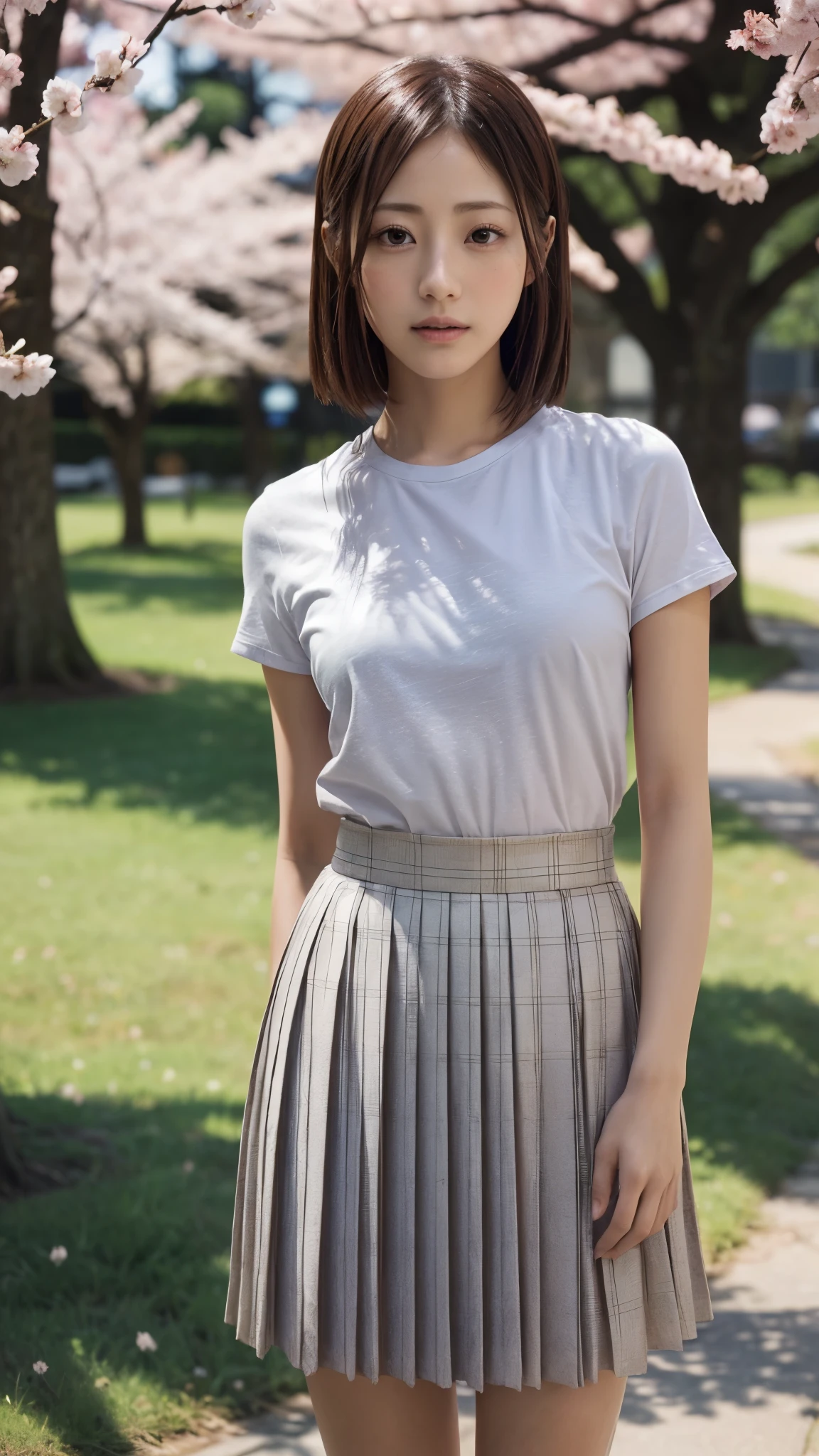 dress、(Photoreal:1.4)、(hyper realistic:1.4)、(realistic:1.3)、(smooth lighting:1.05)、(映画の照明Improvement of quality:0.9)、32K、1 girl、20 year old girl、realistic lighting、Backlight、facial light、ray tracing、(brighter light:1.2)、(Improvement of quality:1.4)、(Highest quality realistic textured skin:1.4)、finely tuned、detailed face、fine eyes、white t-shirt、pleated skirt、(Enhances the mood of your body line:1.1)、(Enhances the beauty of skin texture:1.1)、((Satomi Ishihara))、background cherry blossoms