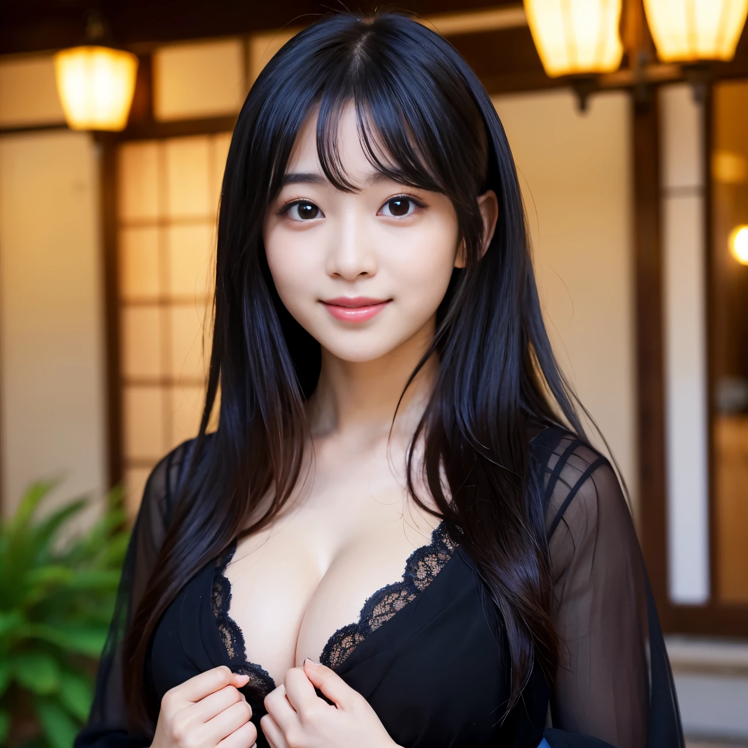 Best-quality, Masterpiece, Ultra-High-Resolution, (Photorealistic:1.4), Raw-Photo, Best-quality, Masterpiece, Ultra-High-Resolution, (Photorealistic:1.4), Raw-Photo, 1girl, ((the most famous Japanese idol)), ((extremely cute face like the most popular Japanese idol, (((extremely beautiful big-black-eyes))), extremely beautiful hair)), extremely beautiful skins, extremely realistic skins, extremely beautiful long-eyelashes, extremely beautiful lips, extremely beautiful cleavage, innocent smile