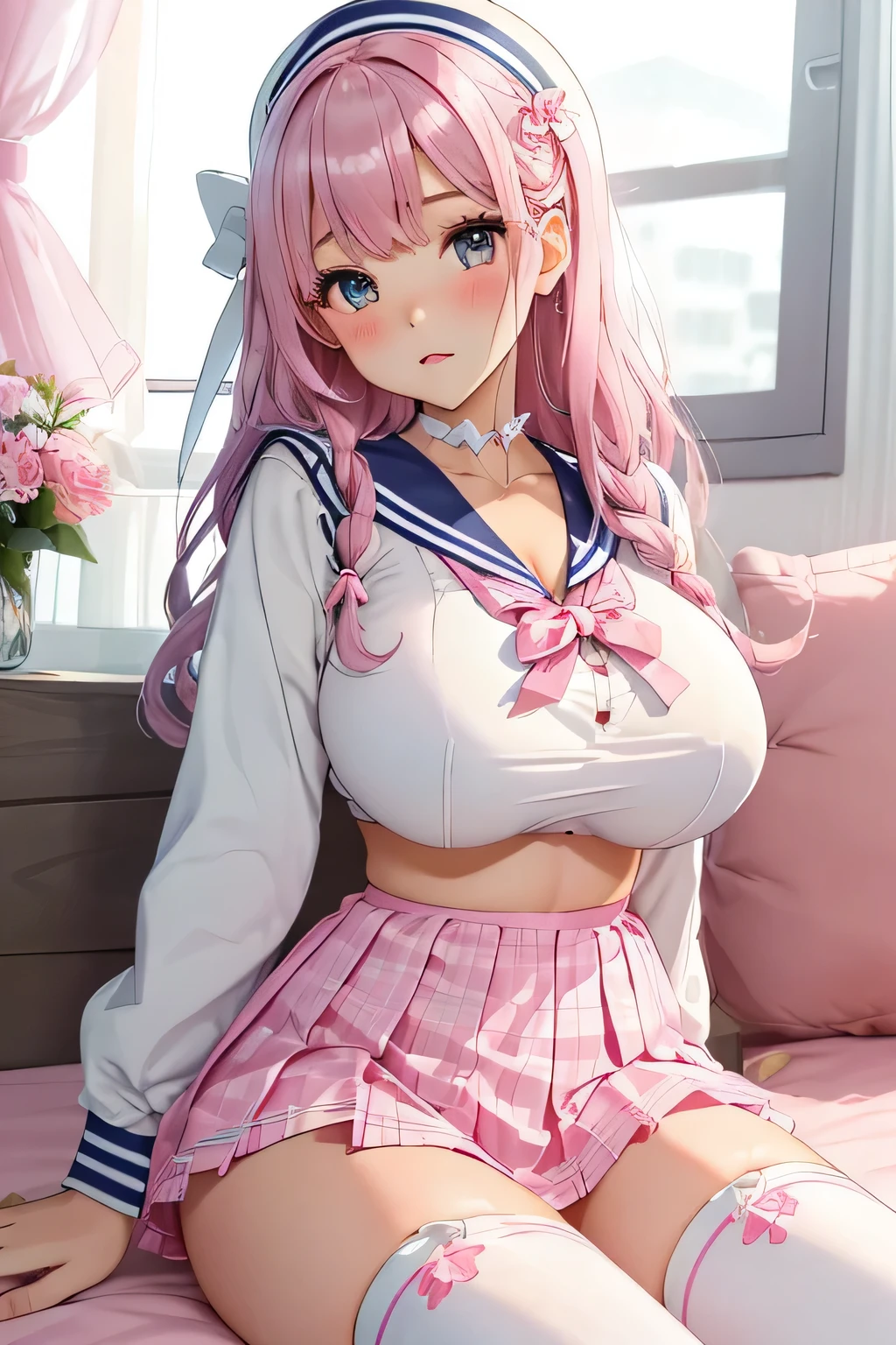 highest quality、High resolution、detailed background、beautiful and detailed face、beautiful and smooth skin、skin texture、Beautiful girl、(two beautiful girls)、(huge breasts:1.3)、cute編込みポニーテール、
(pink floral embroidered panties、No bra、under squat down))、show me your pants、panty shot、
cute色のセーラー服、Cute colored school cardigan、white sailor collar、Pleated mini skirt with tartan plaid pattern、white knee high socks、white overknee socks、Accessories such as flower hairpins and ribbons、cute、
big ass、emphasize the chest、emphasize cleavage、legs open、look at me with a slightly angry expression、blush、underboob、panty shot、camel toe