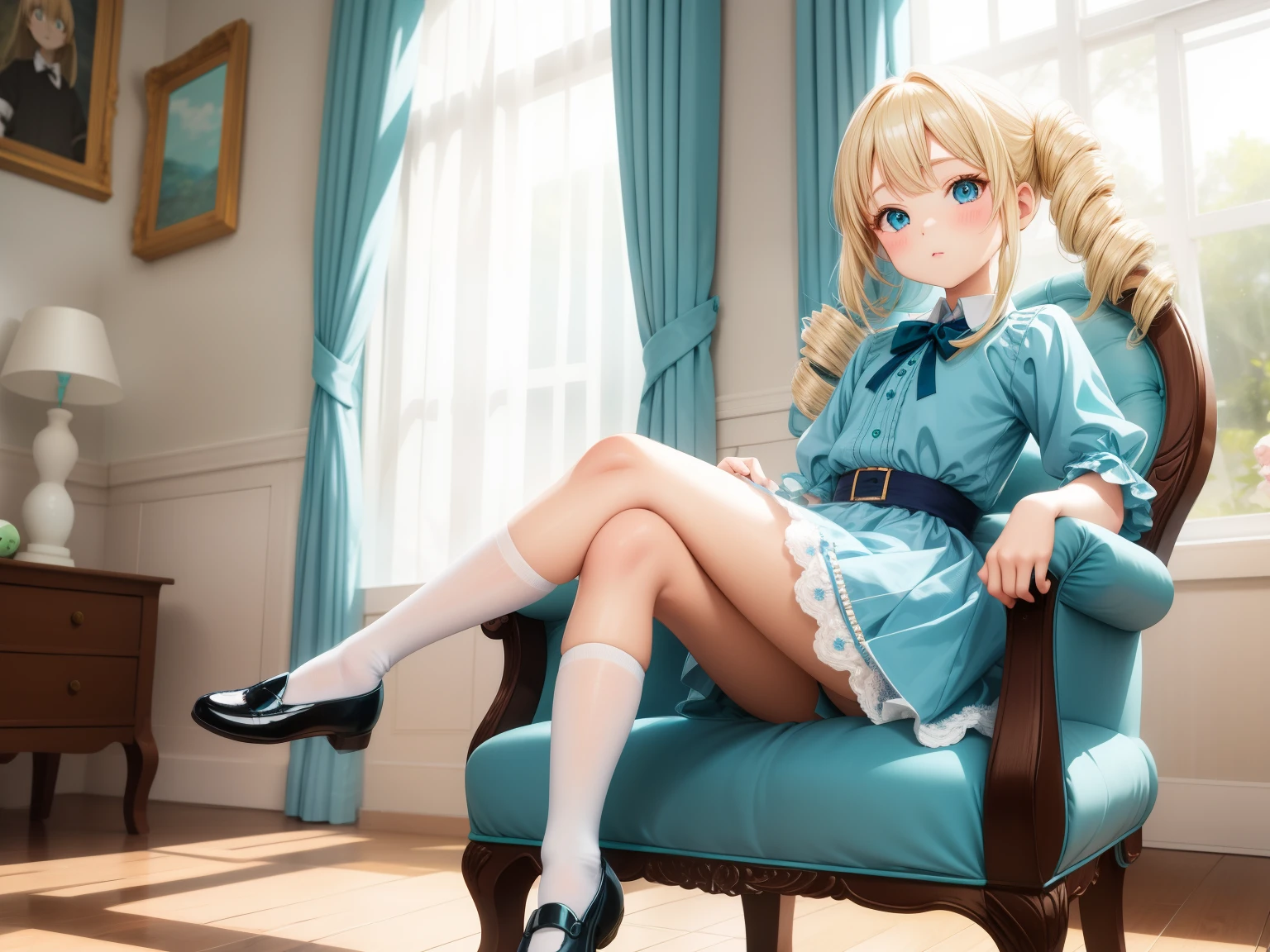 anime style, small girl, blonde, hair drills, light blue eyes, rich girl, cute violet and turquoise dress, white socks with lace, black shoes, sitting in a cozy sitting in an elegant and expensive chair, the girl looks adorable, elegant room, mansion, indooors, kid, small, , thick thighs, cute pose, sexy