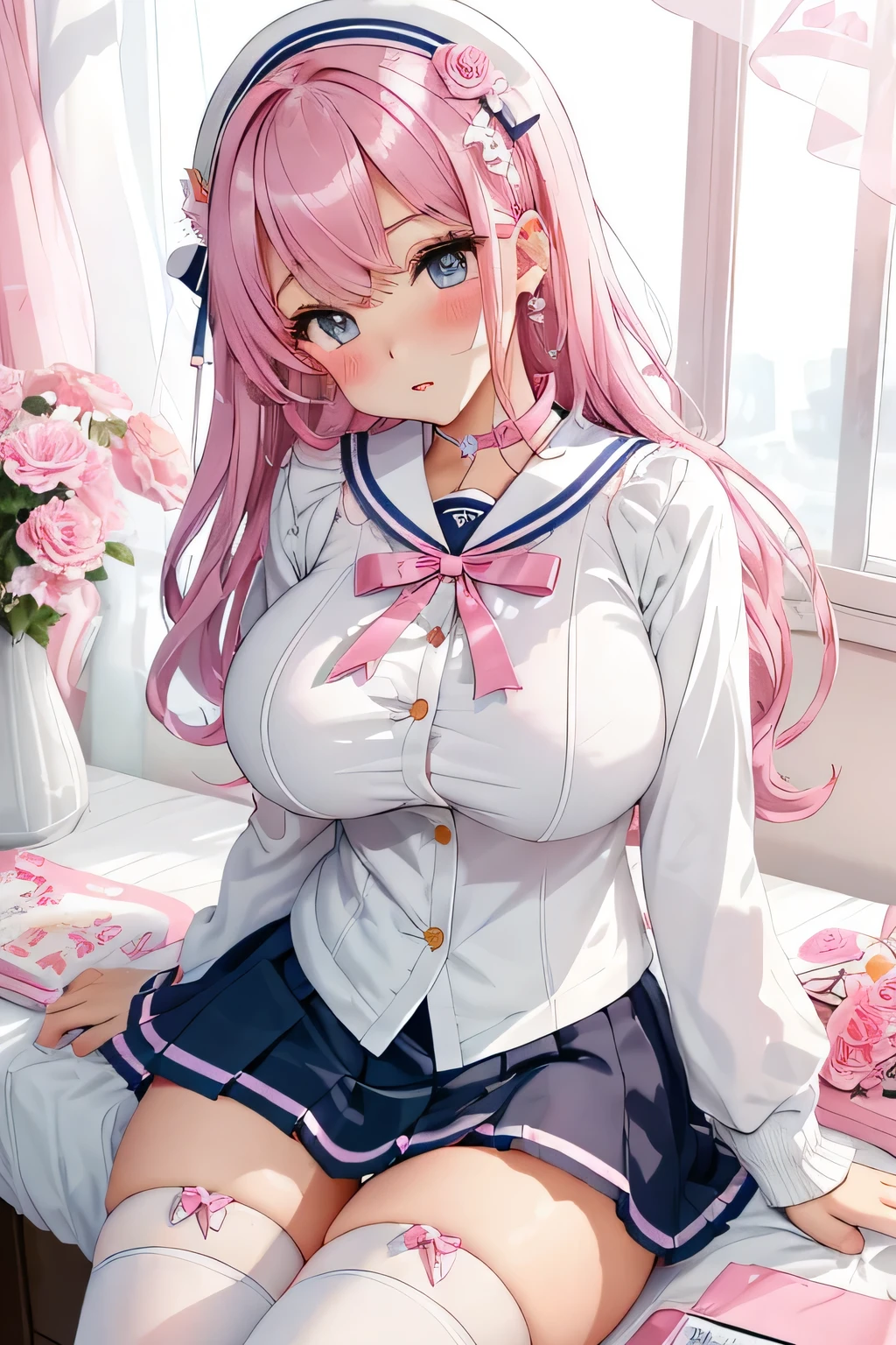 highest quality、High resolution、detailed background、beautiful and detailed face、beautiful and smooth skin、skin texture、Beautiful teenage girl、(two beautiful girls)、(huge breasts:1.3)、cute編込みポニーテール、
(pink floral embroidered panties、No bra、under squat down))、show me your pants、panty shot、
cute色のセーラー服、Cute colored school cardigan、white sailor collar、Pleated mini skirt with tartan plaid pattern、white knee high socks、white overknee socks、Accessories such as flower hairpins and ribbons、cute、

big ass、emphasize the chest、emphasize cleavage、legs open、look at me with a slightly angry expression、blush、underboob、panty shot、camel toe
