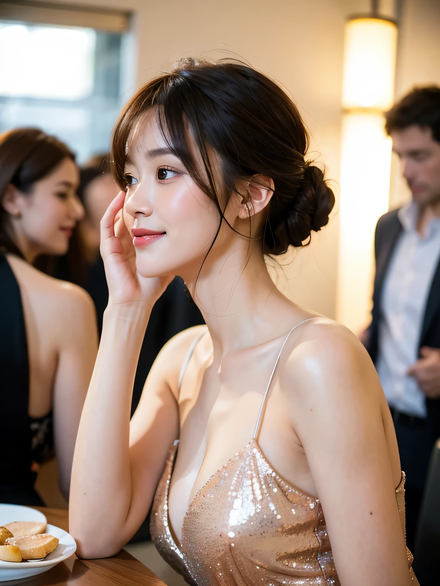 masterpiece, Best Quality, Raw photo, 8K, 1girl with a wine glass, Beautiful detailed skin, backlight, soft light, bashful, embarrassed, smile, Luminescent, Looking away, Anatomically correct, half updo, bangs, Eyes and faces with detailed, Textured skin, Professional Photography, Bokeh, Portrait, Professional Lighting, Solo, petrified, Cute, Girly, Film grain, evening dress, indoor, party venue, participants,crowd
