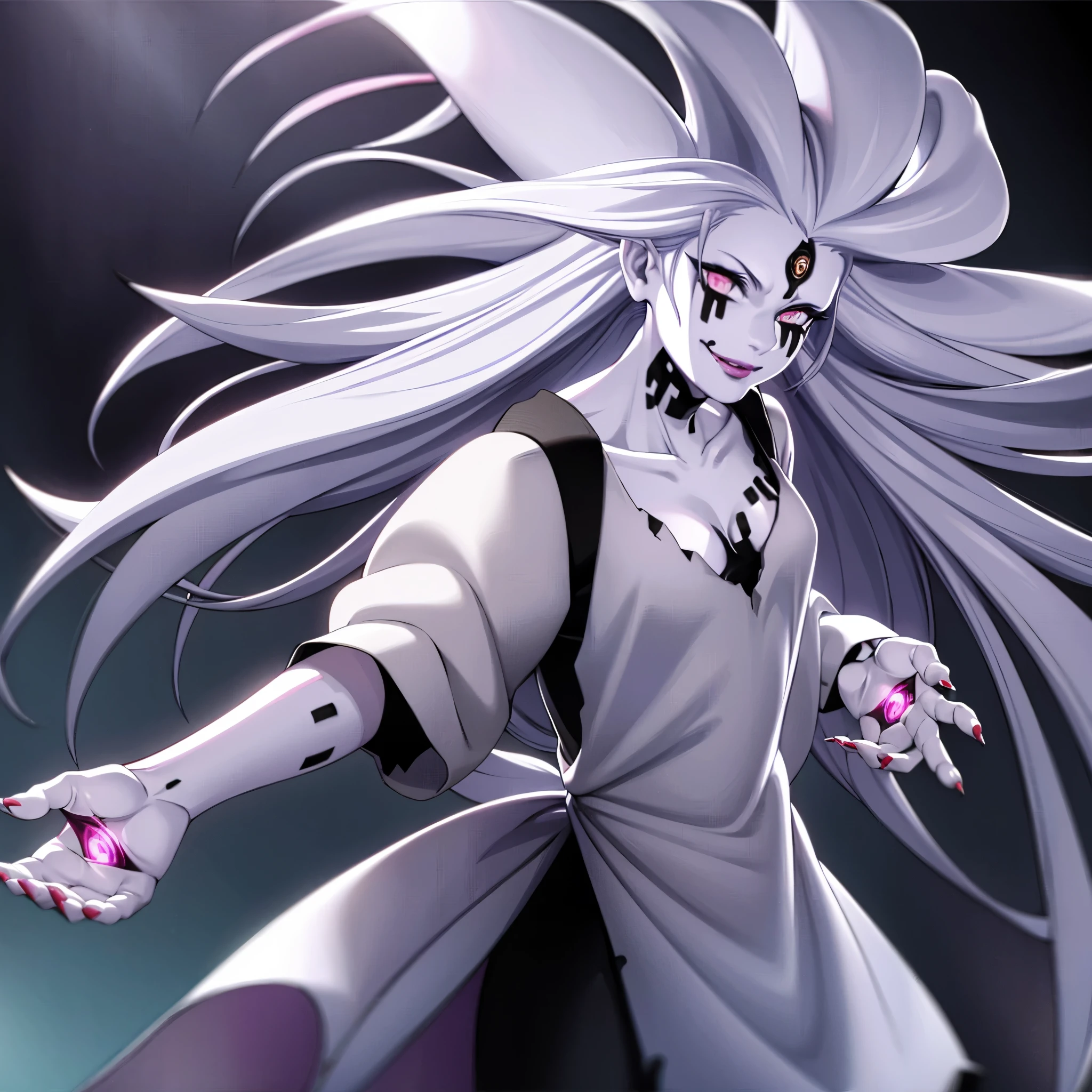 1 Cute Girl, Naked, Back, small ass, small breasts, tight white shorts, white long-sleeved shirt, long white hair, pale and shiny skin, white eyes, bottom-up view, Girl looking at the viewer, mischievous smile, flushed cheeks, pink lipstick, (Small hands with 5 fingers, very well detailed hands)