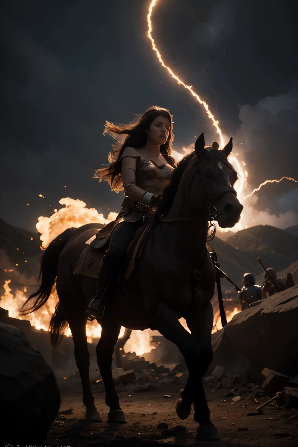 "Epic Battle Against Dark Forces"
Prompt: Create a dynamic cartoon image capturing the epic battle between Princess Amara, riding atop Ember, and the menacing dark forces threatening to engulf their kingdom in shadows.