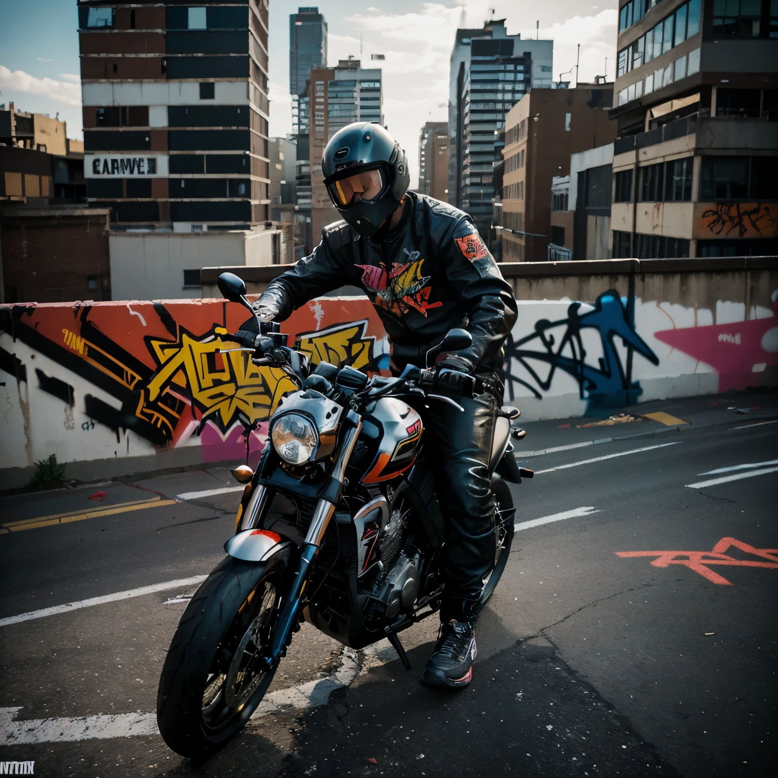 graffiti,comics,man,motorcycle,urban,street art,vibrant colors,action-packed,detailed characters,intricate lines,spray paint,motion blur,expressive faces,stylish outfit,gritty atmosphere,cityscape background,graffiti tags,graffiti artists,edgy,energetic,high contrast,graffiti style lettering,dynamic angles,cool poses,futuristic elements,neon lights,fast-paced,adrenaline rush,urban lifestyle,graffiti-covered walls,bold designs,skilled artist,urban exploration,gritty textures,comic book aesthetic,urban rebellion,rooftop view,velocity,graphic novel vibes,stylish helmet,customized motorcycle,creative expression