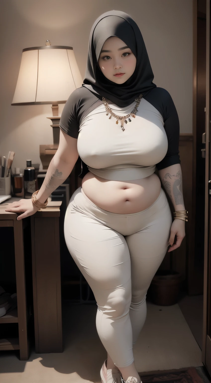 ((best quality)), ((masterpiece)), (detailed), perfect face, araffe woman thick and thight long pants posing for a picture, curvy model,, curvy hourglass figure, sexy longest hand t-shirt, thicc, beautiful full body shot, soft curvy shape, in a longest hand t-shirt, a beautiful woman open legs , bbwchan, , armpits, there is a old woman posing in a dark room with a maroon burka clothes , 43 years old, thick body, beautiful thick female, wide hips, thick legs, she has a jiggly fat round belly, thick thighs, curvy hourglass figure, thicc, curvy model, widest hips, hyperrealistic full figure, bbwchan, voluptuous body, thick, tattooed body, tattooed hands, hena on arm, hena in belly, Burka girl, muslim clothes, 43 years old woman. Burka chubby woman, chubby cheeks, wearing a sneakers, bob hairstyle, thick neck, short neck, there is a woman random pose red-brown hijab, bbwchan, thicc, brown hijab outfit, brown hijab fashion model, korean girl, korean woman, wearing brown robe, full length shot, alluring plus sized model, japanese goddess, clothed in hooded, voluptuous and arousing, portrait shot, curvy model, voluptuous body, wonderful, nene tanaka body , bbwchan, The overall atmosphere is smooth , haunting illustrations, extremely high-resolution details, photographic, realism pushed to extreme, fine texture, 4k, ultra-detailed, high quality, high contrast, red sneakers , cold atmosphere ,, 8k resolution , ultra-detailed resolution , wearing long thight pants, random pose with full body , full body, diamond necklace , wearing a watch , thick arm, thick cheeks , wearing a gold Bracelet