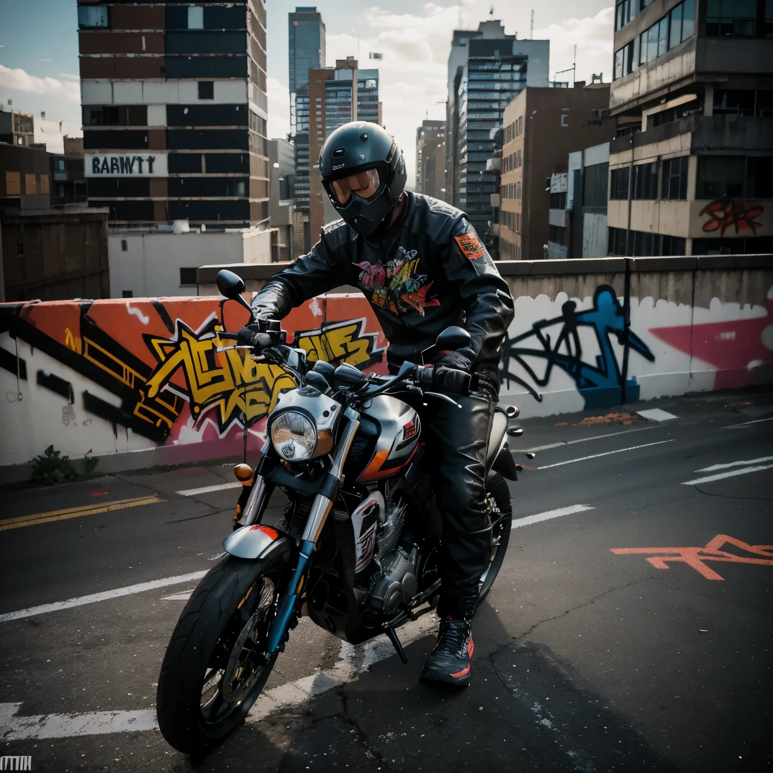 graffiti,comics,man,motorcycle,urban,street art,vibrant colors,action-packed,detailed characters,intricate lines,spray paint,motion blur,expressive faces,stylish outfit,gritty atmosphere,cityscape background,graffiti tags,graffiti artists,edgy,energetic,high contrast,graffiti style lettering,dynamic angles,cool poses,futuristic elements,neon lights,fast-paced,adrenaline rush,urban lifestyle,graffiti-covered walls,bold designs,skilled artist,urban exploration,gritty textures,comic book aesthetic,urban rebellion,rooftop view,velocity,graphic novel vibes,stylish helmet,customized motorcycle,creative expression
