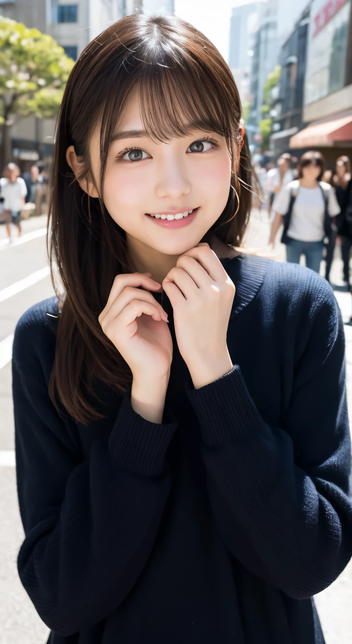 masterpiece、1 girl、View from the front、Japanese、very young cute woman、(the cutest girl in the world)、18 year old student、face becomes smaller、smile、super cute face、glossy lips、double eyelids in both eyes、natural makeup、long eyelashes、shiny smooth light brown hair、bangs、twin tails, center image、8K resolution、advanced details、detailed hairstyle、detailed face、great movie lighting、vibrant、Super realistic、perfect limbs、perfect anatomy, Spring 2024, Tokyo, Clothes that are popular in spring, The background is Shibuya
