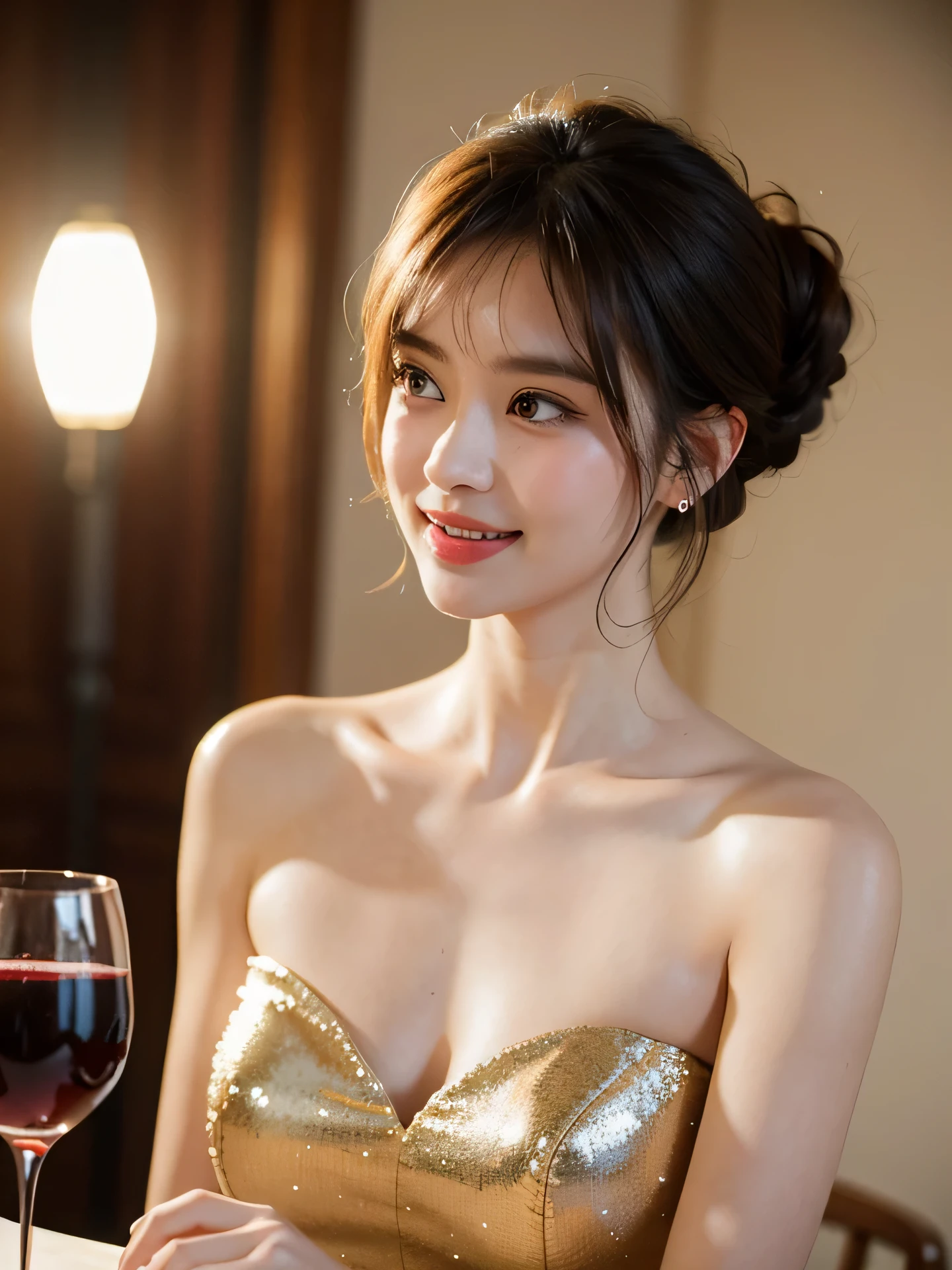 masterpiece, Best Quality, Raw photo, 8K, 1girl with a wine glass, Beautiful detailed skin, backlight, soft light, bashful, embarrassed, smile, Luminescent, Looking away, Anatomically correct, half updo, bangs, Eyes and faces with detailed, Textured skin, Professional Photography, Bokeh, Portrait, Professional Lighting, Solo, petrified, Cute, Girly, Film grain, evening dress, indoor, party venue, participants,crowd