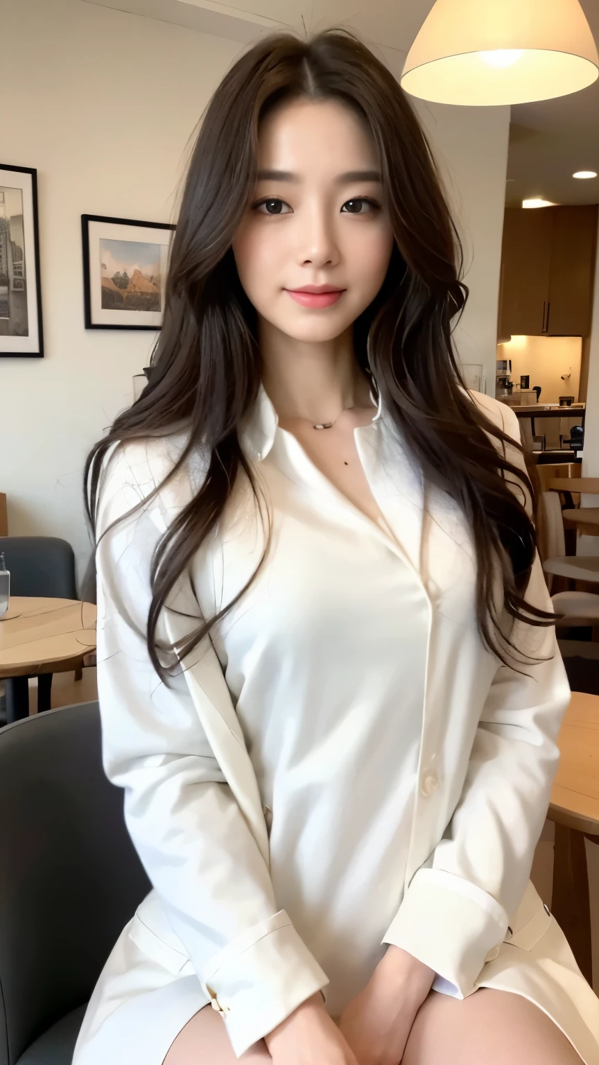 ((top-quality、8k、​masterpiece:1.3))、Beautiful woman with perfect body:1.4、slim abdomen:1.2、Longhair, normal breast, Highly detailed facial and skin texture, A detailed eye, delicate eyes, double eyelid, (smile), (full body shot), ((cafe 1.2)), (sitting on chair), ((wearing white uniform with white coat)), looking in front