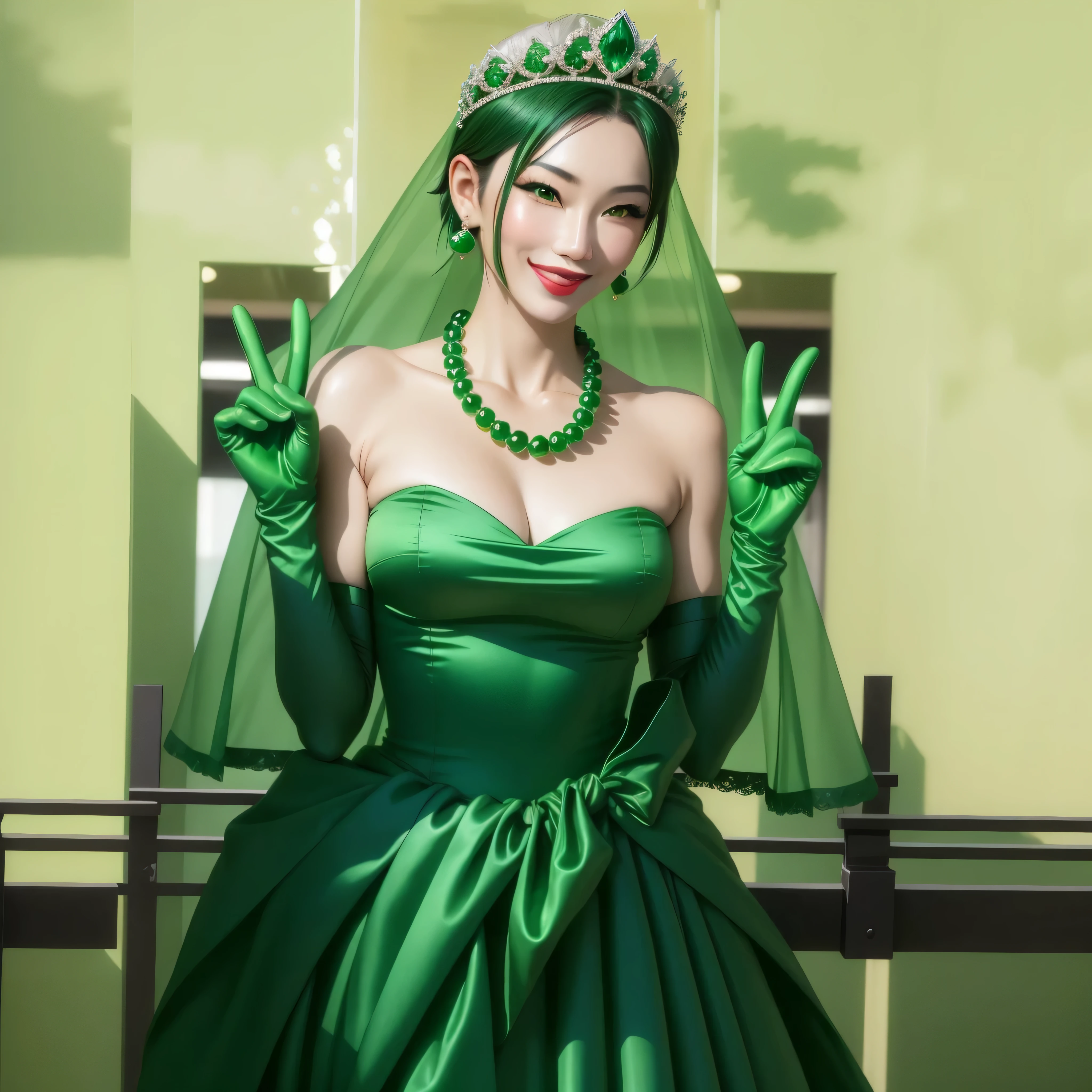 Beautiful Japan woman in her 30s， finger details， beautiful hands，emerald tiara, Green Pearl Necklace, Boyish green berry short hair, lipstick, smiling Japanese woman, very short hair, big breasts beautiful, green eyes, green satin long gloves, green eyes, emerald earrings, Green veil, v sign