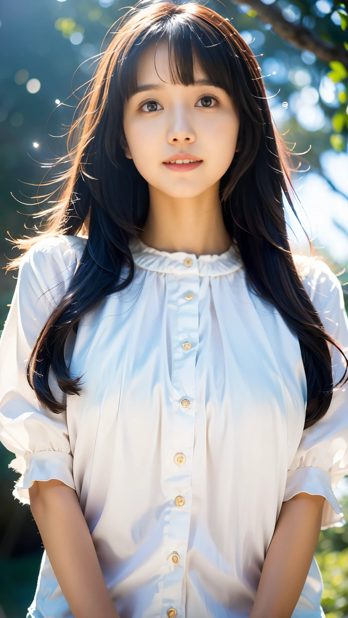 sweet smile、night、original photography、(((ultimate beauty portrait)))、((skin sparkling))、1 girl、 15 year old beautiful girl、bright expression、((Dark brown hair))、(split)、 (white blouse: 1.4), tight leather pants，（red lips：2.0）, The face is super delicate，bare thighs，((Big eyes sparkling like gems))、Skin glows、(rapunzel goddess)、(silk headband)、(Permanently installed)、(from below)、Eyeliner、Beautiful bangs、hair between eyes、((​Masterpiece、top quality、super detailed、warm color、intricate details、high resolution、Very detailed))、background of the matter、digital monocular、soft light、high quality、film grain、Fuji XT3 、See deeply、natural soft light、Kamimei、plump bust，big breasts，protruding breasts