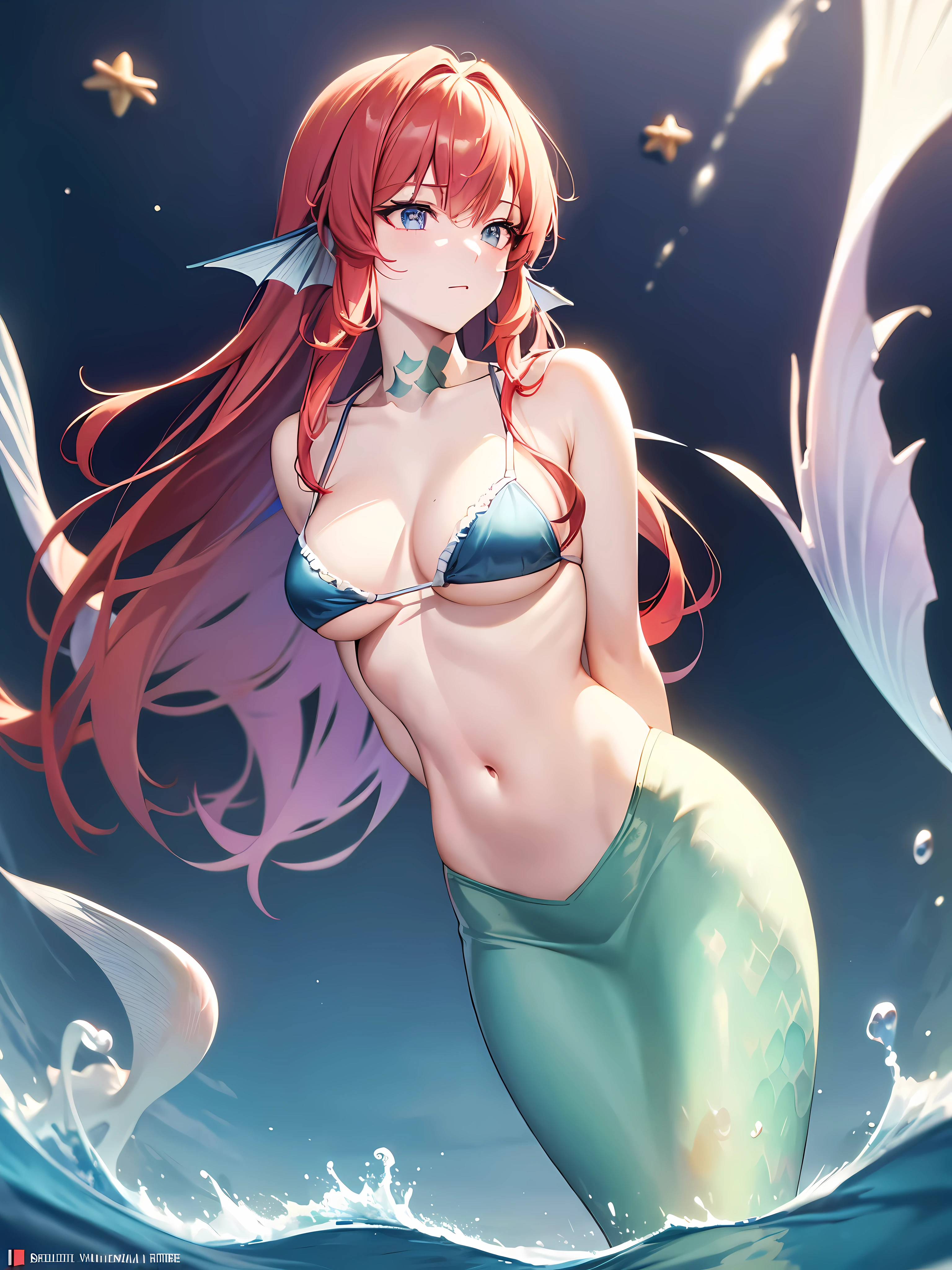(best quality, high resolution, masterpiece: 1.3), Pretty Woman, perfect body, (red hair) , (blue eyes), real skin ,pale skin,(big bust), beautiful face, Abdomen is thinly defined, (Mermaid:1.2), mermaid tail, (under the sea), (At sea) , bright , (milf) , wide hips ,alone , (starfish_bikini:1.3) , fish scale , (pearl_accessories) , bare hands ,(cowboy_launch) , (slim_fish_tail) , (weapon_behind_in the back:1.3)