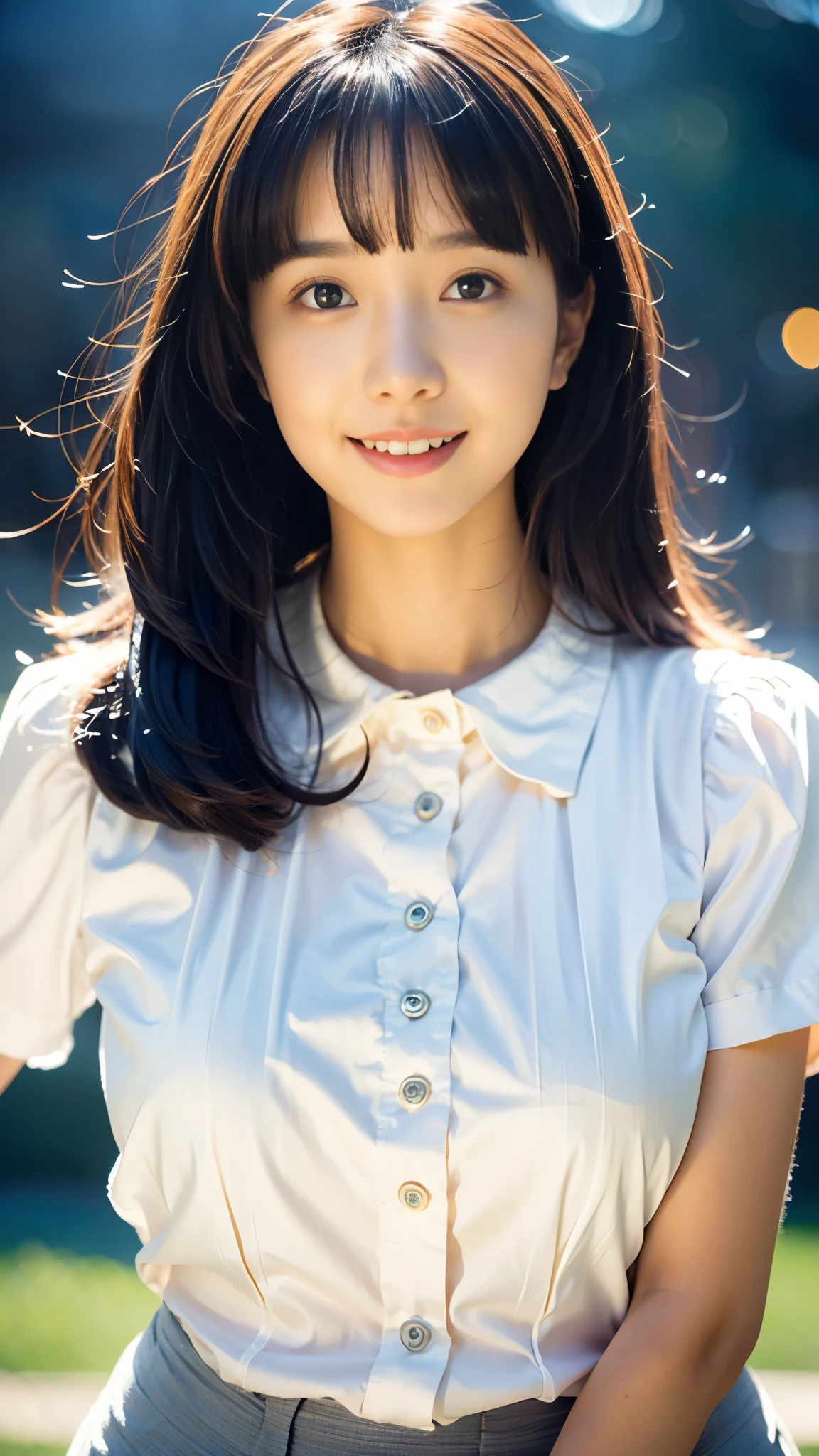 sweet smile、night、original photography、(((ultimate beauty portrait)))、((skin sparkling))、1 girl、 15 year old beautiful girl、bright expression、((Dark brown hair))、(split)、 (white blouse: 1.4), tight leather pants,(red lips:2.0), The face is super delicate,bare thighs,((Big eyes sparkling like gems))、Skin glows、(rapunzel goddess)、(silk headband)、(Permanently installed)、(from below)、Eyeliner、Beautiful bangs、hair between eyes、((Masterpiece、top quality、super detailed、warm color、intricate details、high resolution、Very detailed))、background of the matter、digital monocular、soft light、high quality、film grain、Fuji XT3 、See deeply、natural soft light、Kamimei、plump bust,big breasts,protruding breasts