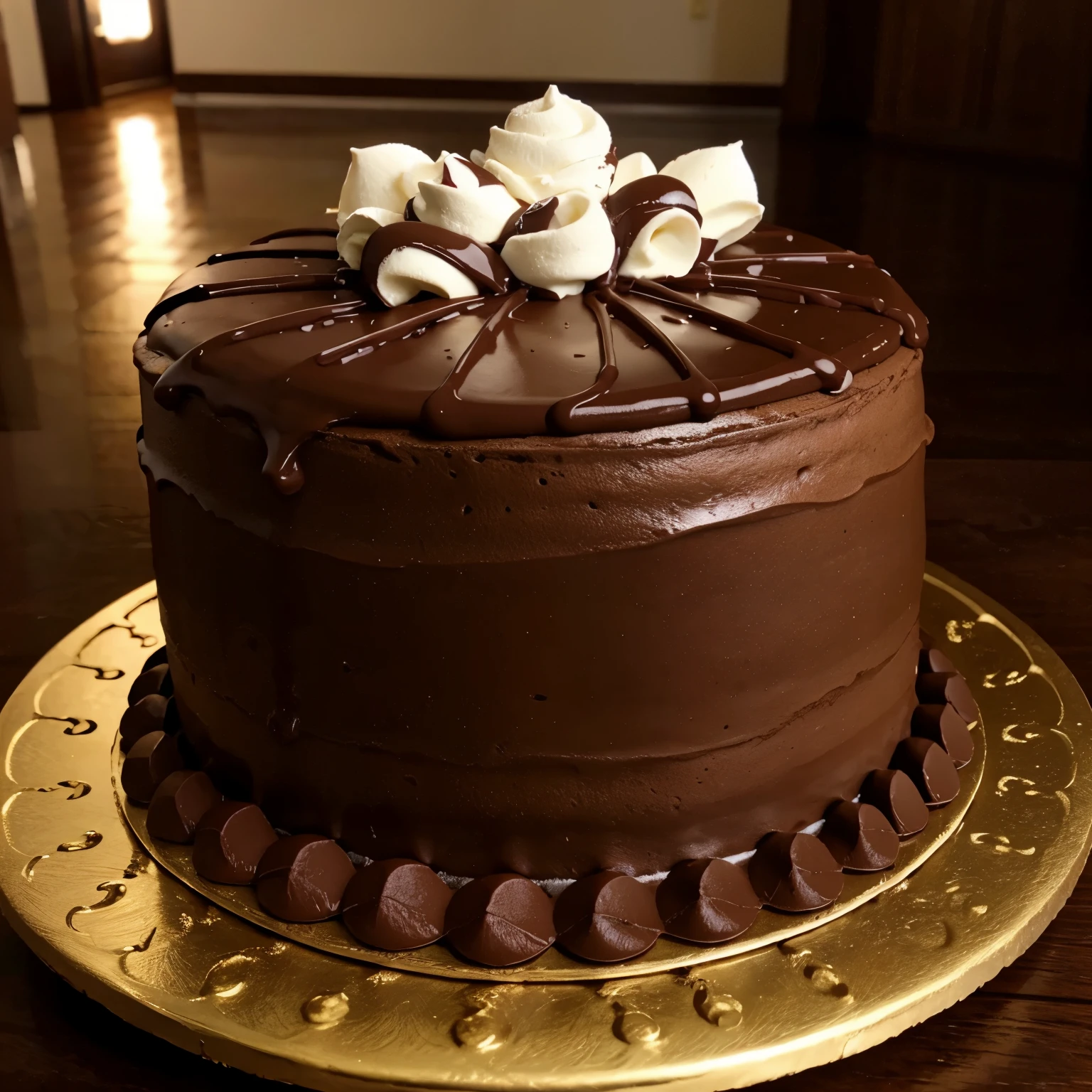 Um lindo bolo de chocolade na messa decorativo e grande