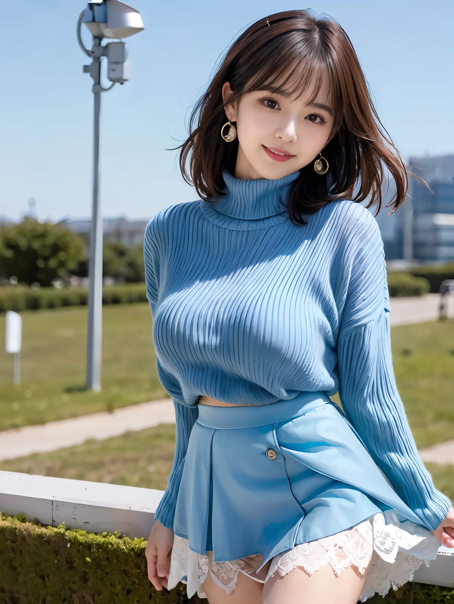 woman, 20-year-old, short black wavy hair、bangs、plump nipples、(White Turtleneck Knit)、(blue long skirt), black stocking dium milk, cute smile、((Pose that emphasizes the buttocks、looked back))、sexy hips、black high heels、big necklace、((((the wind blew my skirt, expose my panties...))))、(Light blue lace panties)、cute earrings、(tilt your head a little)