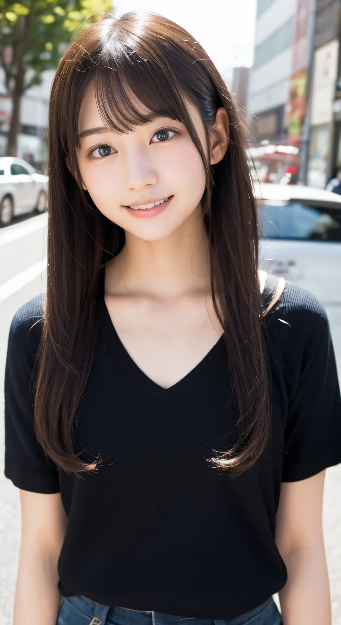 masterpiece、1 girl、View from the front、Japanese、very young cute woman、(the cutest girl in the world)、18 year old student、face becomes smaller、smile、super cute face、glossy lips、double eyelids in both eyes、natural makeup、long eyelashes、shiny smooth light brown hair、bangs、twin tails, center image、8K resolution、advanced details、detailed hairstyle、detailed face、great movie lighting、vibrant、Super realistic、perfect limbs、perfect anatomy, Spring 2024, Tokyo, Clothes that are popular in spring, The background is Shibuya