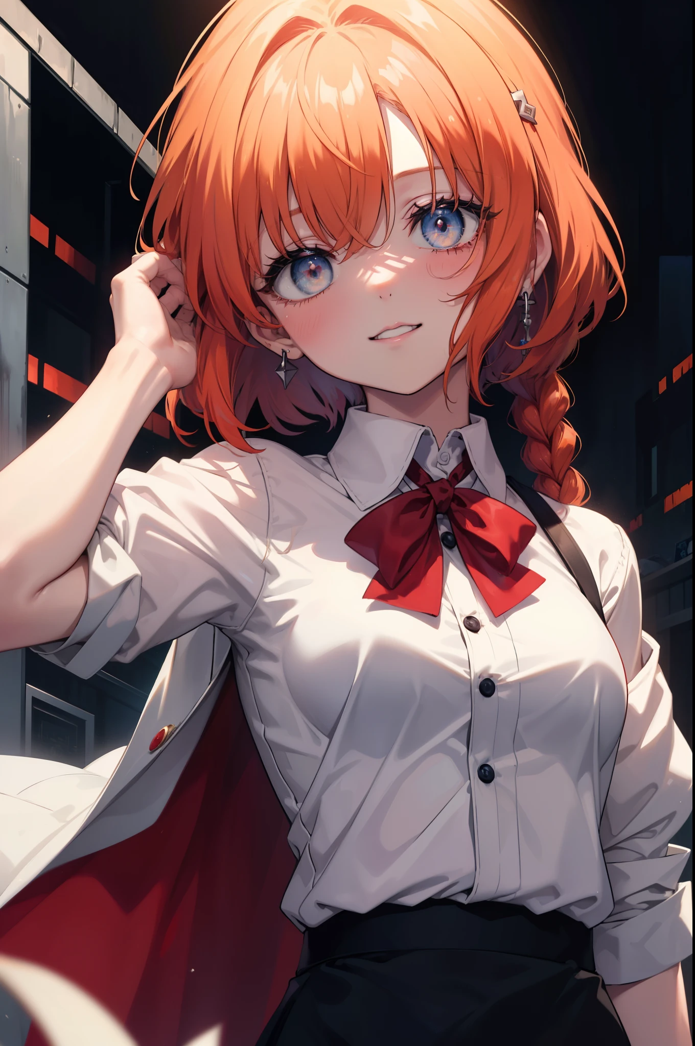 Rena Ryugu, rena ryuuguu, orange hair, long hair, short braid,hair blue eyes, smile, grin and laugh,creepy laughter, dead eyes,Psychopath horror,Bloodstained,blood drops,Spooky,Murder scene, serial killer, bathed in blood,Clothes with blood on them,black suit jacket with blood on it, bloody collared jacket,Bloodstained white dress shirt, shirt with blood on the collar, neckline, button, strap, ID card on neck, bloody black pencil skirt,bloody black pantyhose, looking at the viewer, (small breasts:1.2),
break looking at viewer,
break indoors, office,
break (masterpiece:1.2), highest quality, High resolution, unity 8k wallpaper, (figure:0.8), (detailed and beautiful eyes:1.6), highly detailed face, perfect lighting, Very detailed CG, (perfect hands, perfect anatomy),