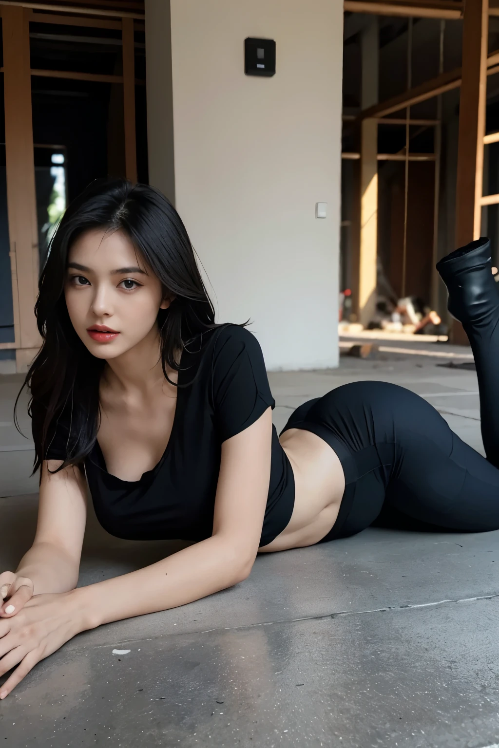 Girl wearing black and tight black clothes taking photo,Full body female love,legs are open,Paired with a short T-shirt、bra,slim,bigger bust,slim的女孩模型,24 year old female model,lying on construction site,A group of black people gathered around